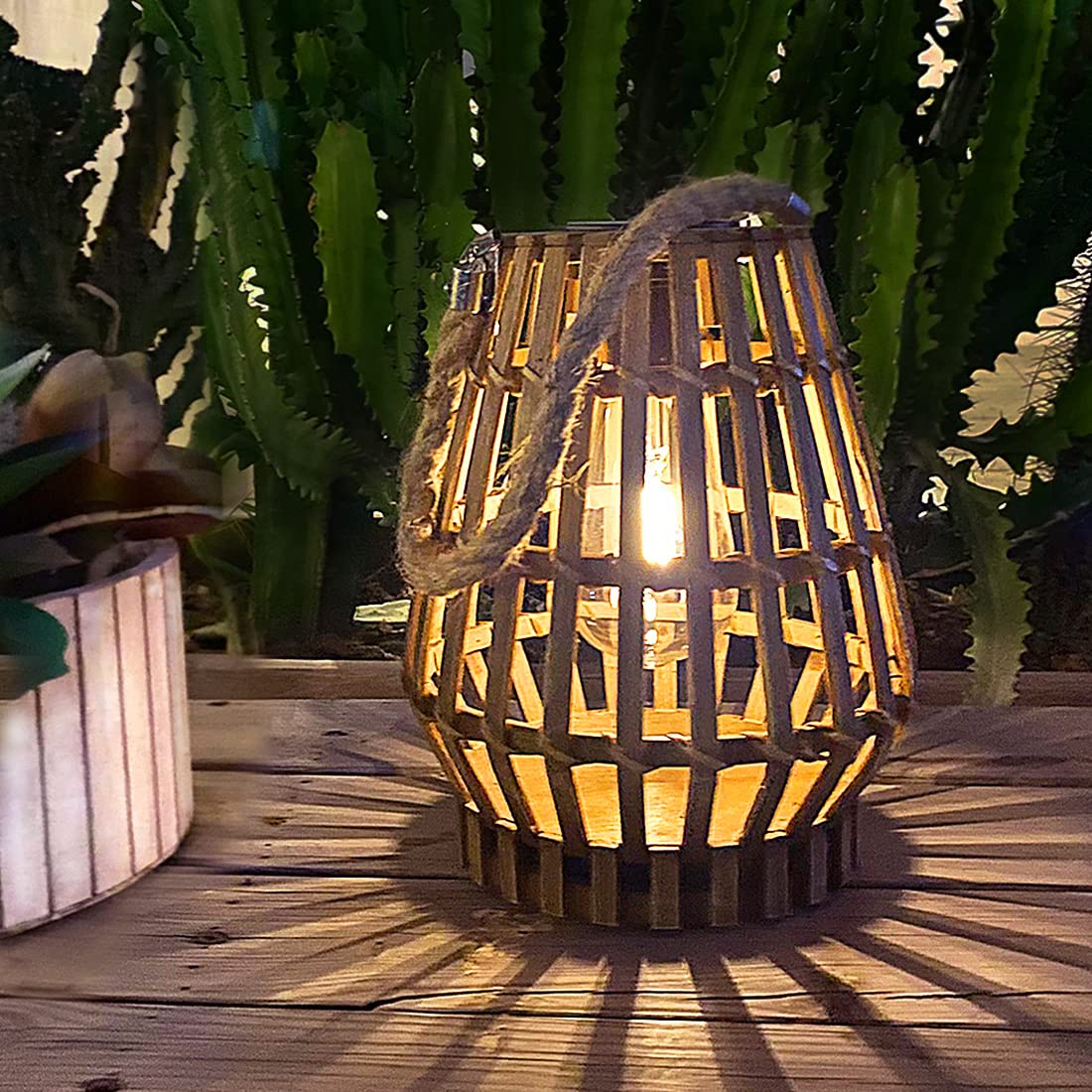 Solar Powered Outdoor Lantern - Waterproof Bamboo Rattan Hanging Light with Auto On/Off, Edison Bulb - Perfect for Garden, Patio, Yard, Wedding & Home Decoration (Natural Style)