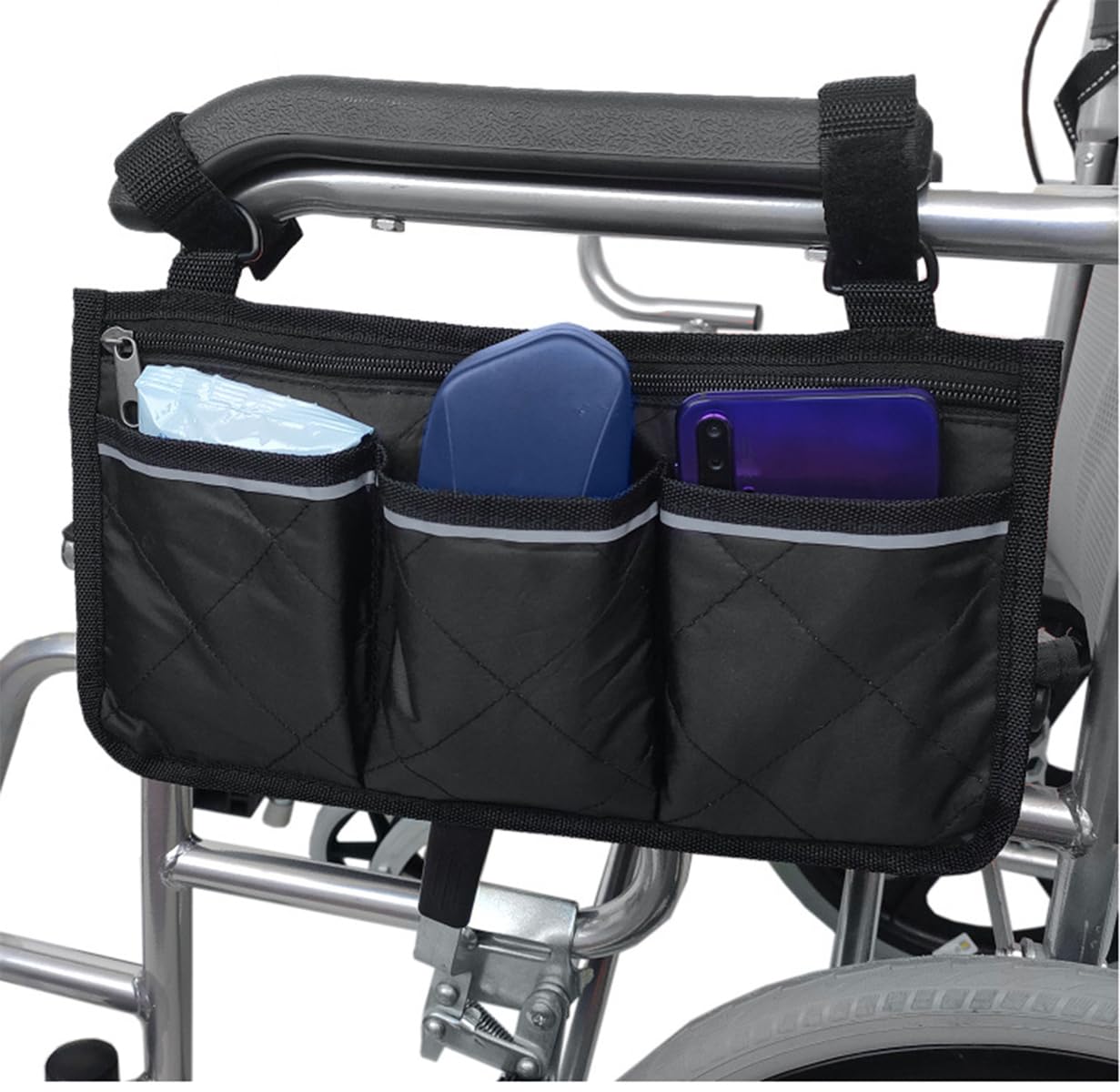 BOBOZHONG Wheelchair Storage Bag - Portable Armrest Organizer with 3 Pockets for Wheelchairs, Strollers & Electric Chairs | Secure Black Accessory for Daily Essentials, Medical Supplies & Personal Items (Black)