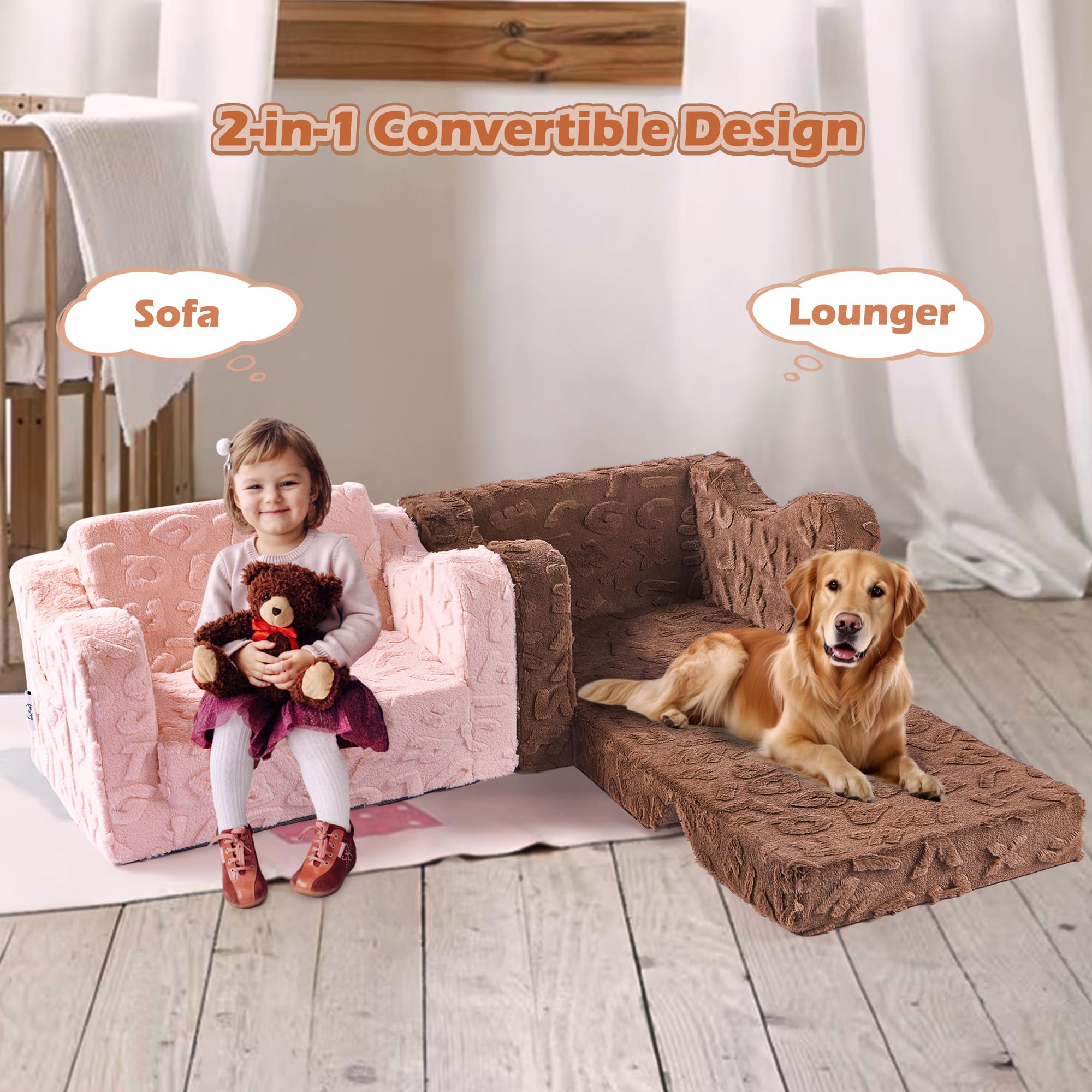 2-in-1 Convertible Kids Couch Chair to Lounger Bed - Soft Toddler Sofa for Boys & Girls - Perfect for Reading, Napping, Playtime & Room Decor (Pink) - Ideal for Nursery, Playroom & Bedroom