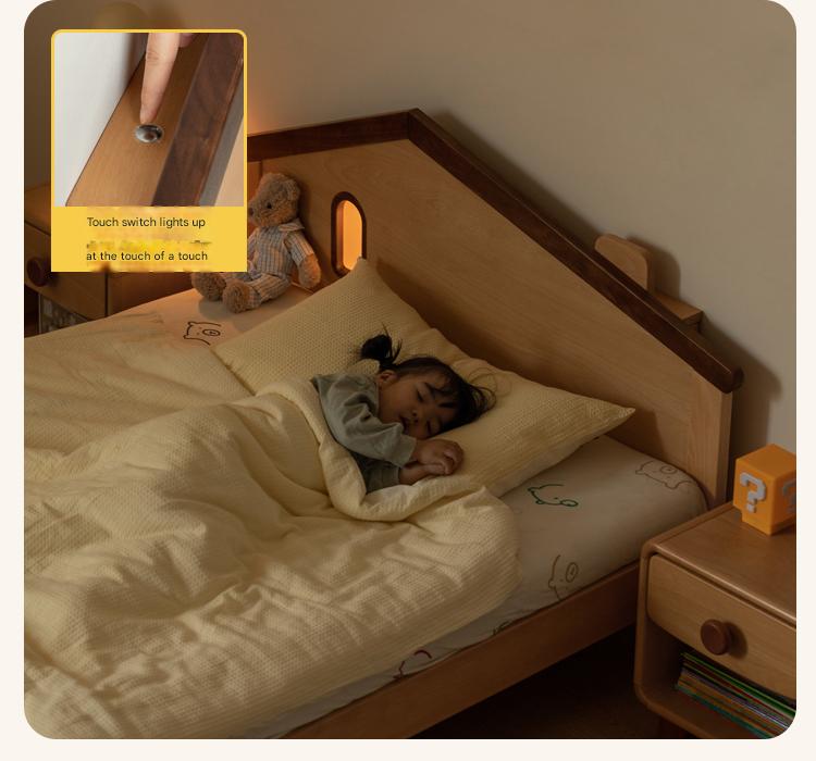 Kids Wooden Bed with Night Light - Beech & Poplar Little House Design with 15-Minute Auto Light Off - Perfect for Bedrooms, Playrooms & Cozy Sleep Spaces
