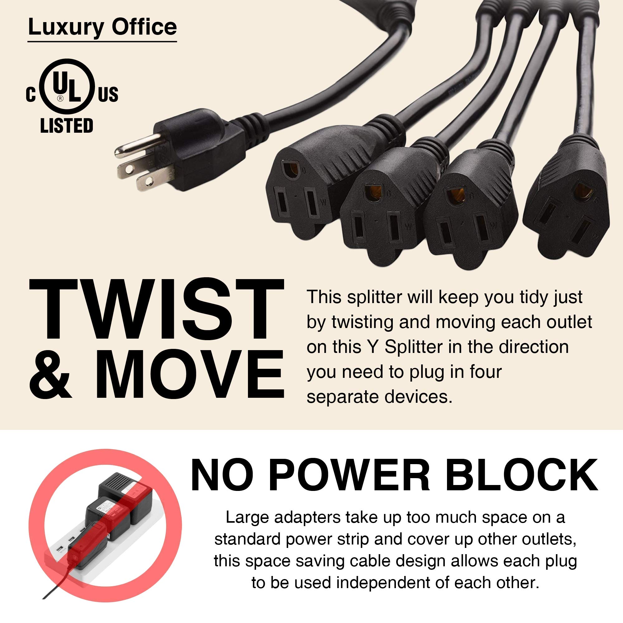 4 Way Power Splitter - 1 to 4 Extension Cord Splitter, 12ft Heavy Duty 16 AWG SJT Cord, 3 Prong Outlet Splitter, Y Style Power Strip for Home Office & Entertainment Setup - Black (3 Cables Included) - Perfect for TVs, Computers, Gaming Consoles & Workstations
