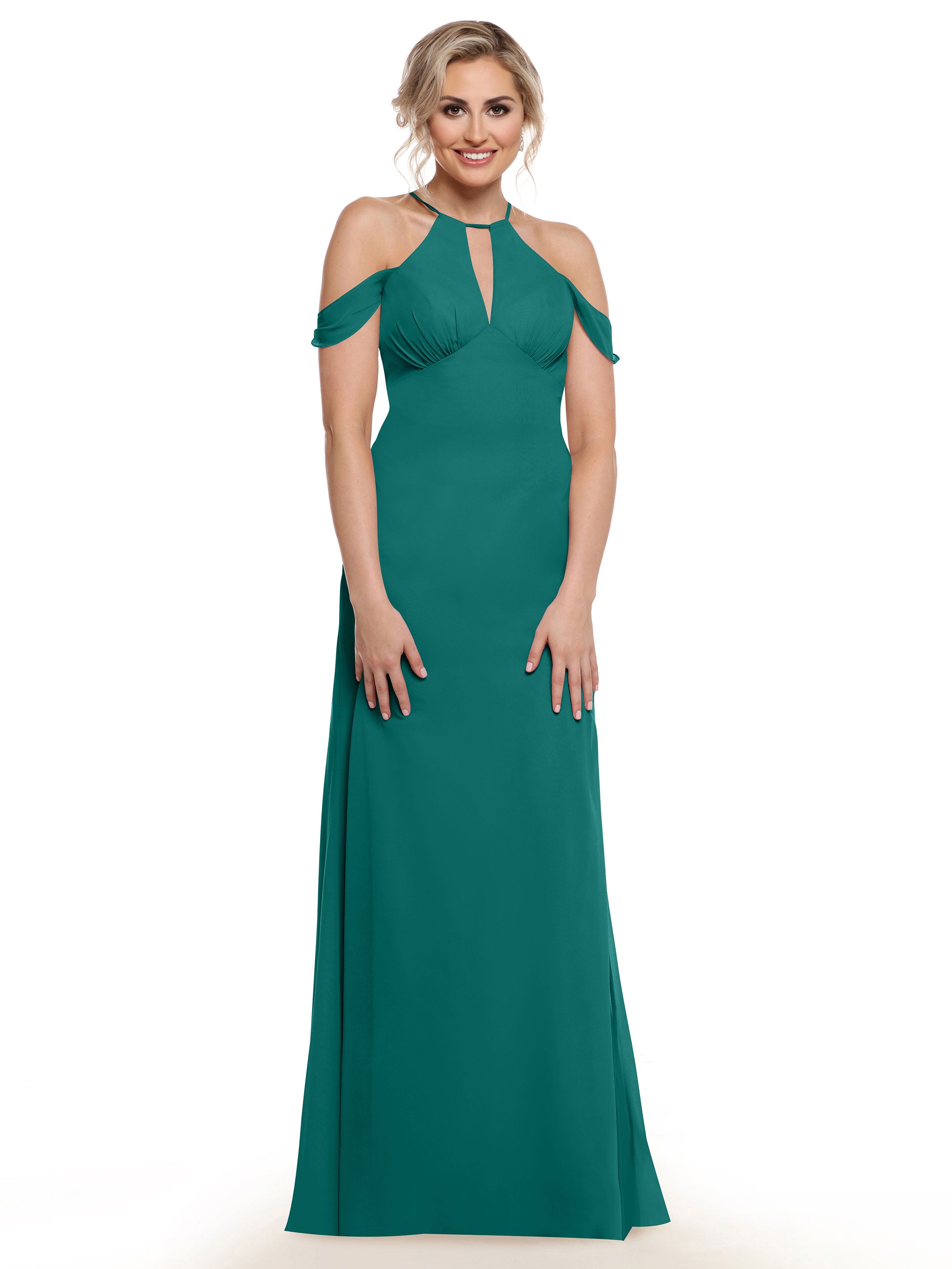 Elegant Off-the-Shoulder Chiffon Bridesmaid Dress with Halter Neckline - Perfect for Weddings, Formal Events & Special Occasions