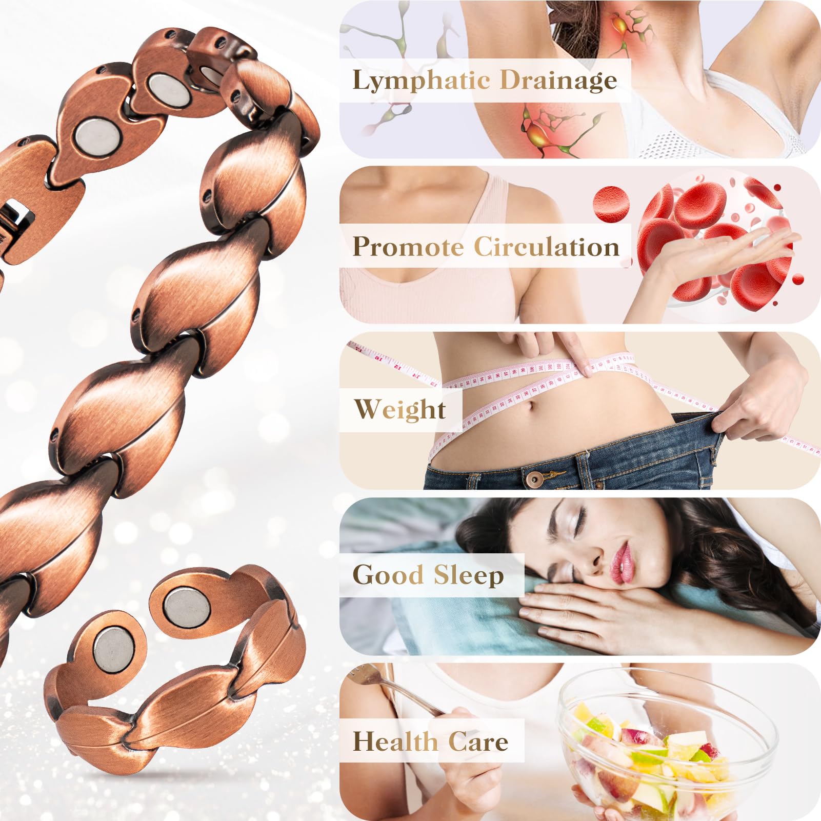 Women's Copper Magnetic Bracelet for Lymphatic Detox & Drainage - 100% Pure Solid Copper with 3500 Gauss Magnets, Adjustable Sizing Tool Included - Perfect for Wellness, Pain Relief & Holistic Healing