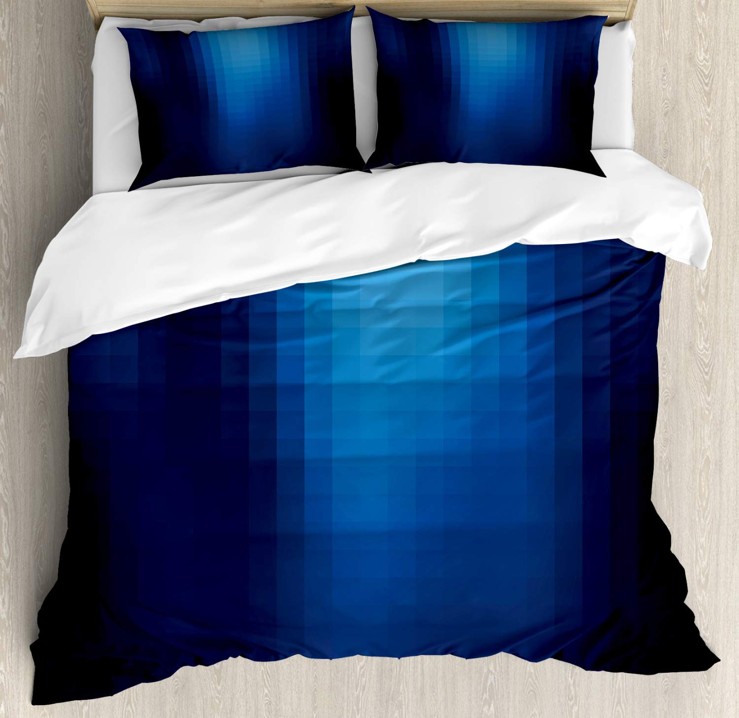 Ambesonne Navy Blue Ombre Duvet Cover Set - Queen Size 3 Piece Bedding with 2 Pillow Shams, Blurry Mosaic Pixel Square Design in Turquoise & Pale Blue - Perfect for Modern Bedroom Decor & Guest Room Styling