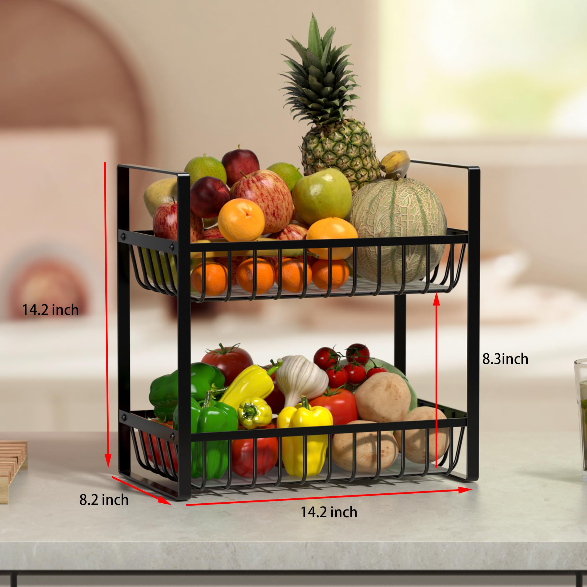 2-Tier Heavy Duty Metal Fruit Basket for Kitchen Counter - Fruit Bowl & Organizer for Onion, Bread, Snack Storage with Liners | Perfect for Dining Table, Pantry & Kitchen Countertop Decor