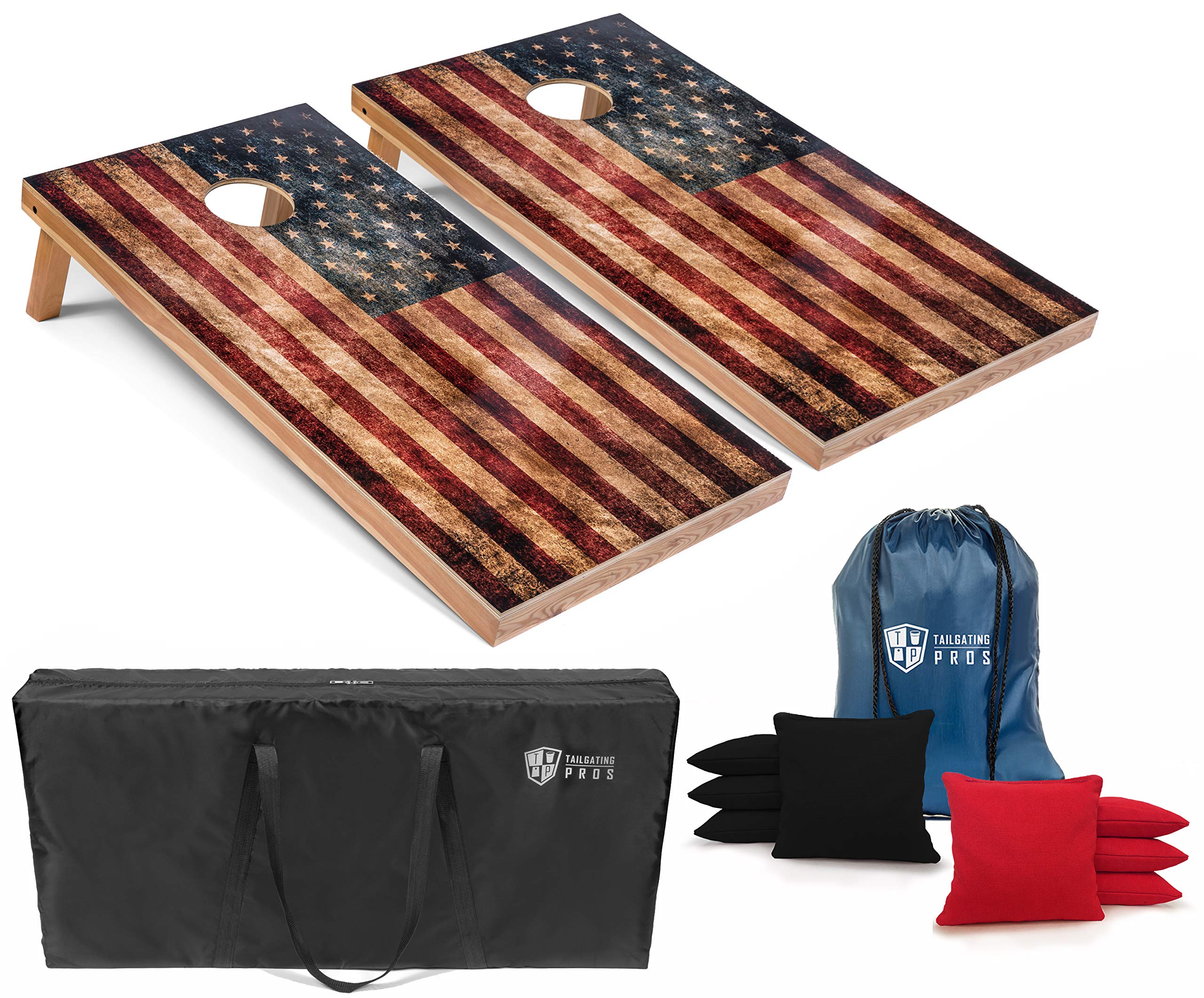 Rustic American Flag Cornhole Boards Set with LED Ring & Carrying Case - 4'x2' Distressed Wooden Cornhole Game with 8 Bean Bags - Perfect for Backyard Parties, Tailgating Events and Outdoor Family Gatherings