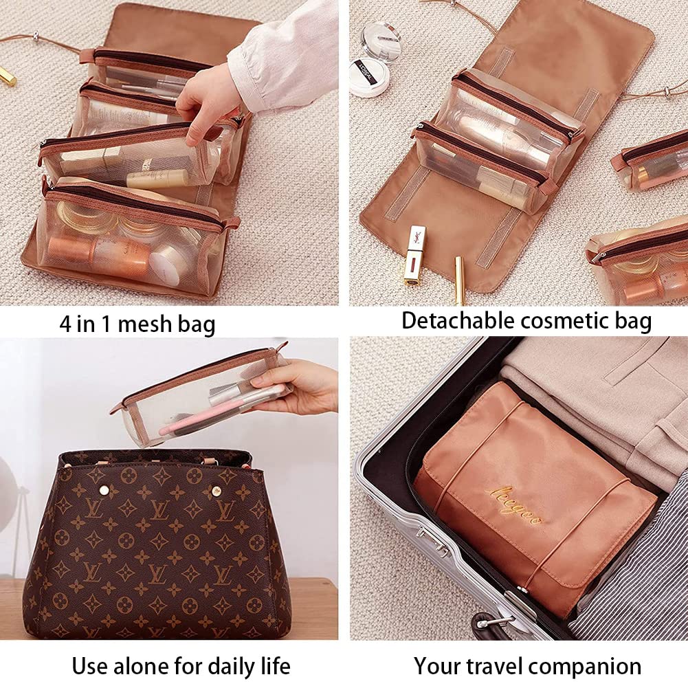 KAKKOII 4-in-1 Detachable Hanging Toiletry Bag - Roll Up Cosmetic Organizer with Removable Storage Pouches for Travel | Waterproof Makeup Bag for Women & Men (Black, Khaki) | Perfect for Airplane Carry-on, Gym, Camping & Business Trips