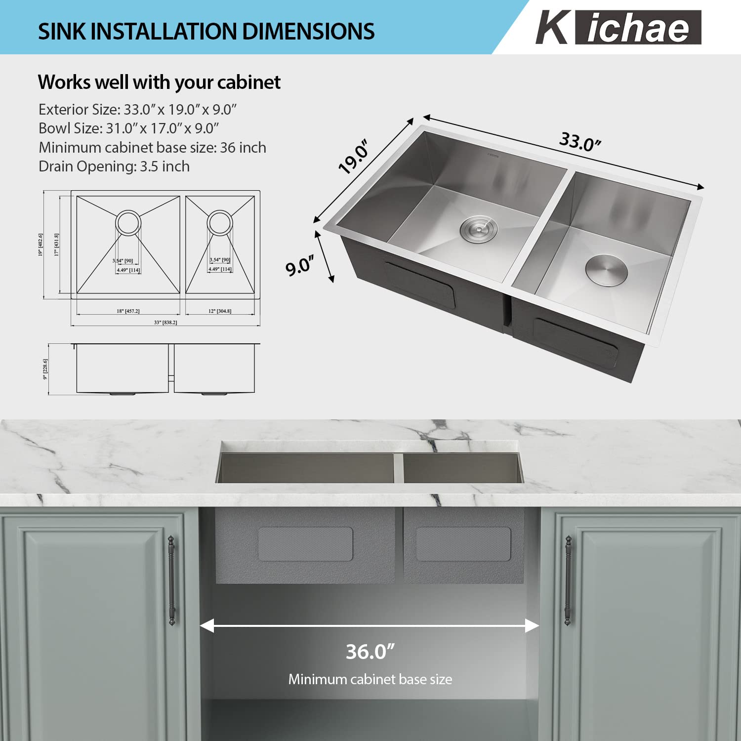 Kichae 33 Inch Undermount Double Bowl Stainless Steel Kitchen Sink - 60/40 Double Basin, 18 Gauge, 33x19 Inches - Perfect for Modern Kitchens, Food Prep, and Dishwashing