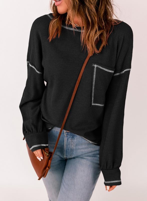 SHEWIN Women's Long Sleeve Waffle Knit Crewneck Sweater Blouse - Fall Casual & Dressy Tunic Top for Work, Date Night and Autumn Outfits