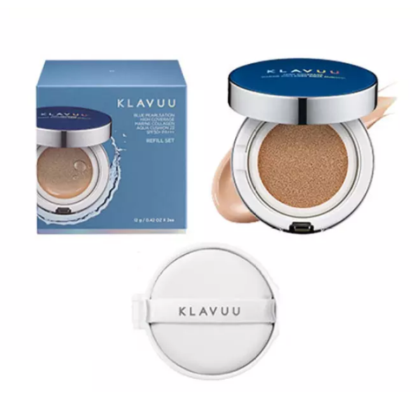 Klavuu Blue Pearlsation High Coverage Marine Collagen Aqua Cushion SPF50+ PA+++ with Refill - Hydrating Foundation for Flawless Makeup, Perfect for Daily Wear & Sun Protection