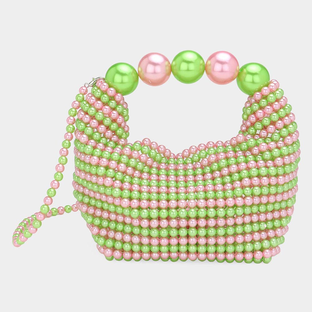 Elegant Pink & Green Pearl Beaded Handbag for Women - Stylish Crossbody Purse for Party, Wedding & Evening Events