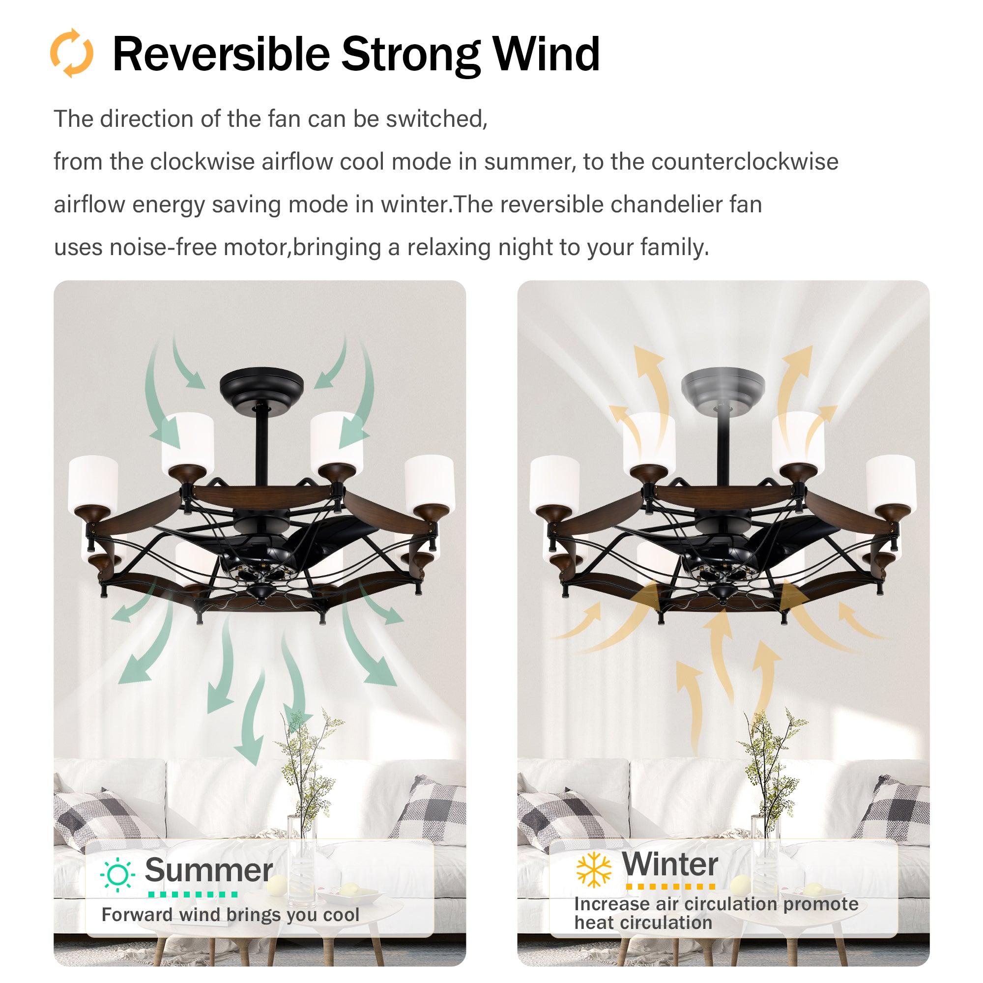 33 Inch Matte Black & Red Wood Grain Chandelier Ceiling Fan with Remote Control - DC Motor, 6 Speed Settings, 3 ABS Blades for Bedroom, Dining Room, Living Room, Kitchen, Farmhouse & Entryway | Perfect for Modern and Rustic Home Decor