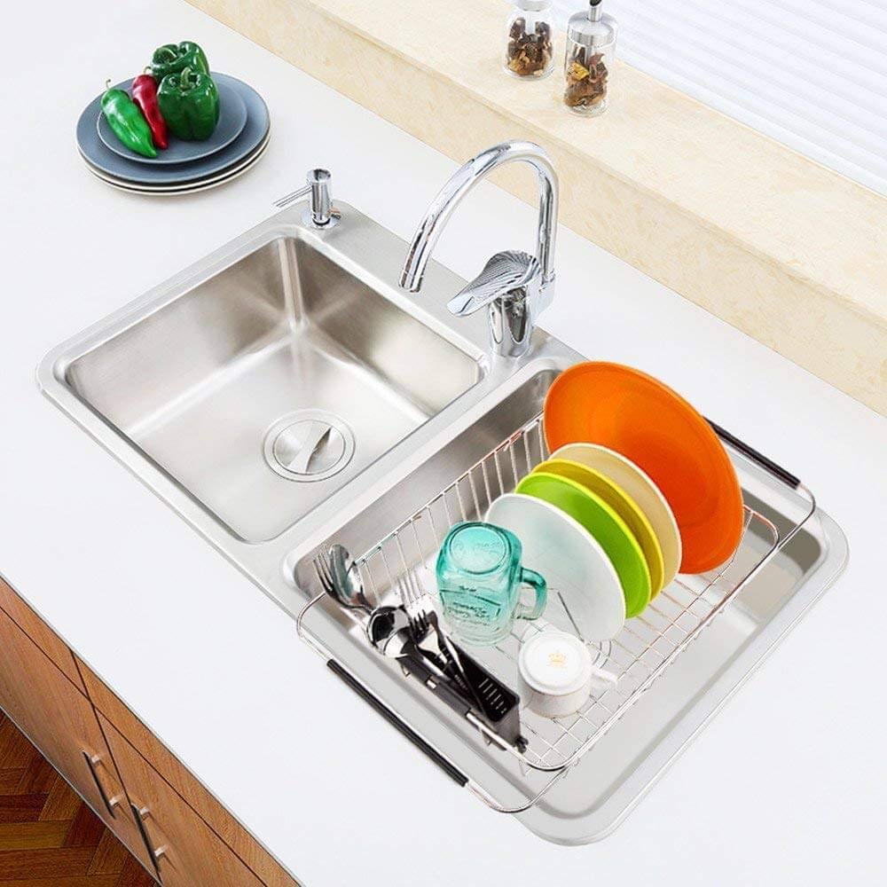 ARCCI Expandable Dish Drying Rack - Large Capacity Over The Sink Drainer with Removable Utensil Holder | Space-Saving Kitchen Organizer for Plates, Bowls & Cutlery | Perfect for Small Kitchens, Apartments & RV Use