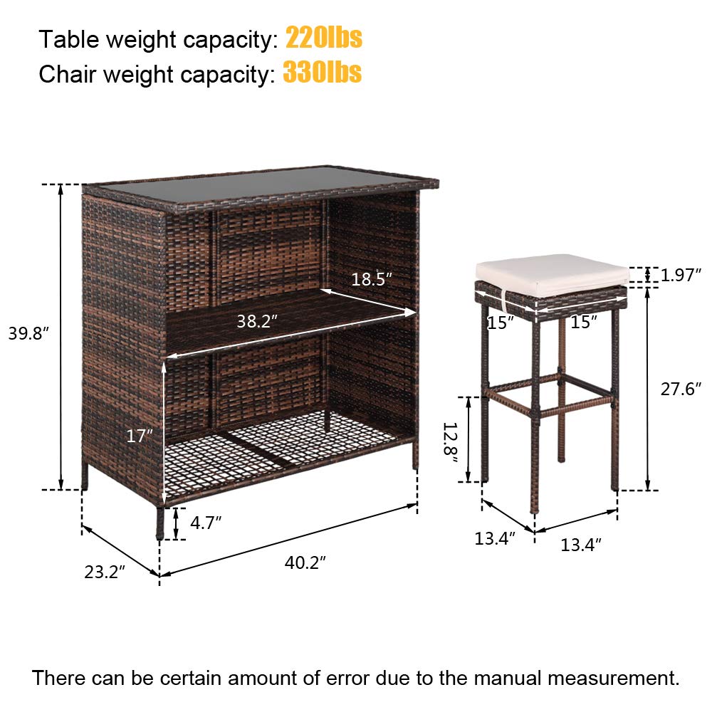 HomVent 3-Piece Outdoor Wicker Bar Table Set - PE Rattan Bar Height Table with 4 Stools, Steel Frame & Glass Top - Perfect for Patio, Poolside, Lawn, Backyard & Garden Entertaining