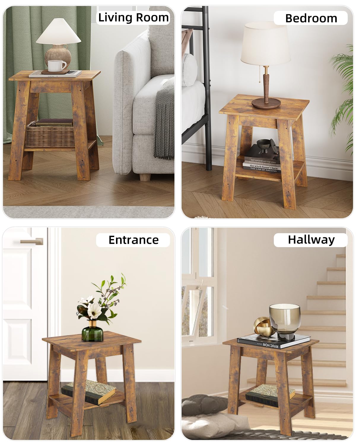 2-Tier Wood End Table Set of 2 - Small Side Table & Nightstand with Storage Shelf for Bedroom, Living Room, Farmhouse Decor - White & Brown Narrow Space-Saving Tables for Entryway, Apartment, Dorm
