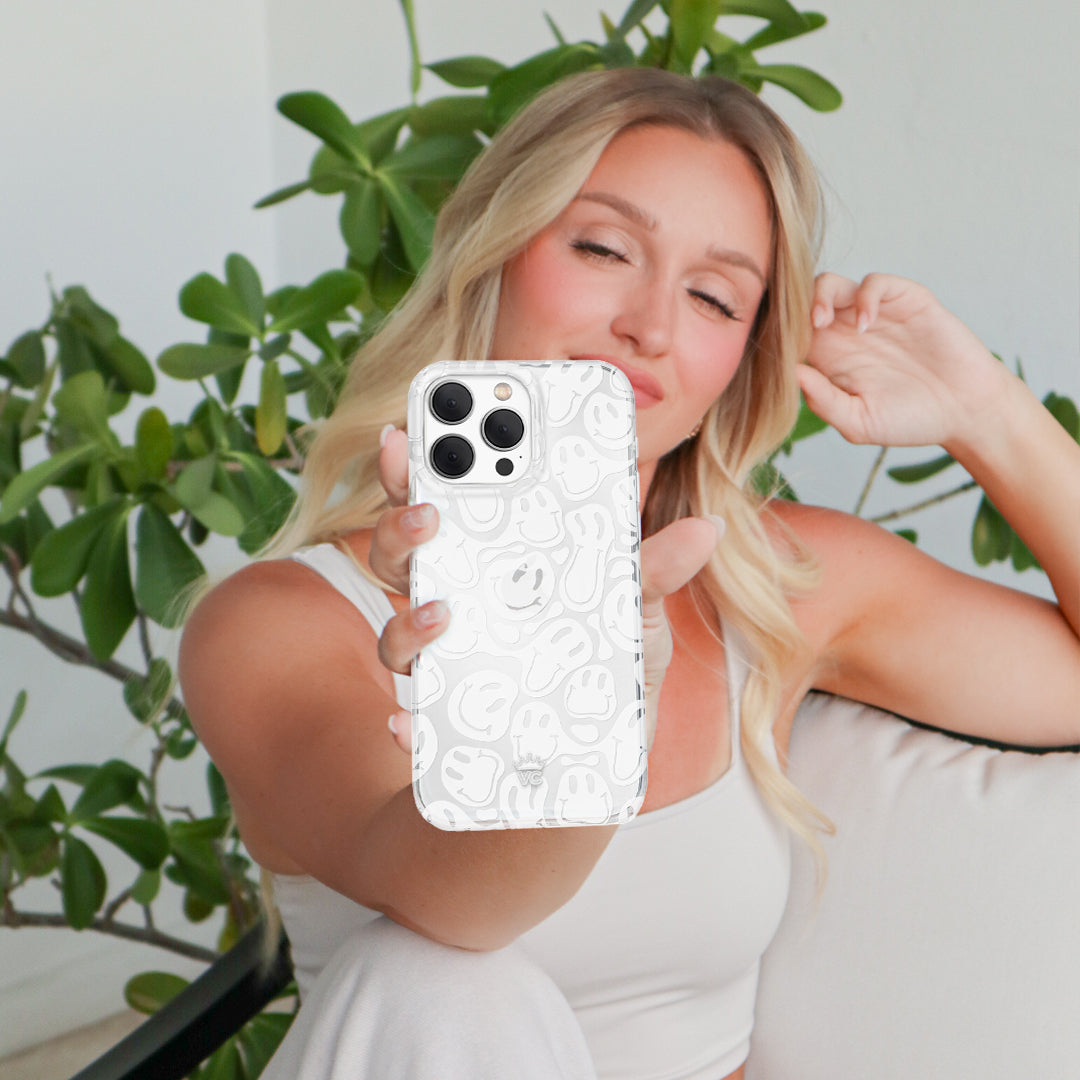 Frosted Clear Smiley Face iPhone Case - Durable Protective Cover for iPhone 12/13/14/15 - Cute & Trendy Design for Everyday Use, School, or Gifts
