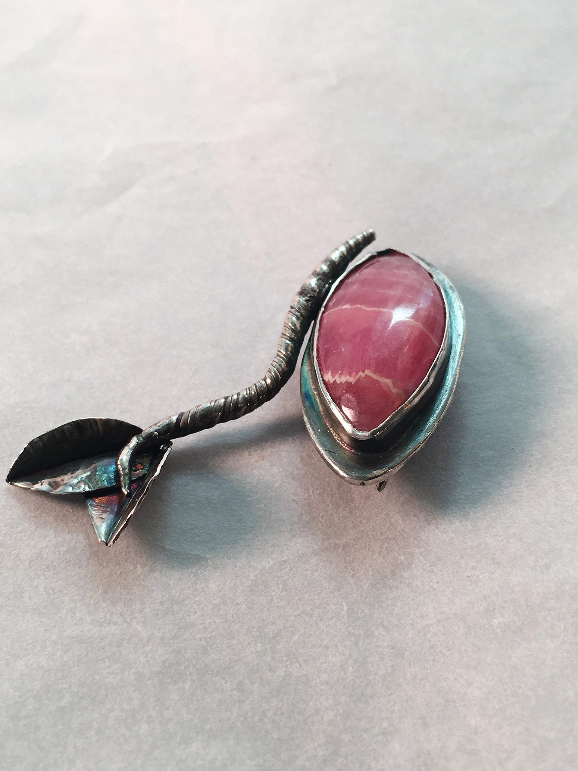 Pink Rhodochrosite Gemstone Sterling Silver Brooch Pin with Handforged Leaves - Elegant Jewelry for Women, Perfect for Weddings, Parties & Special Occasions