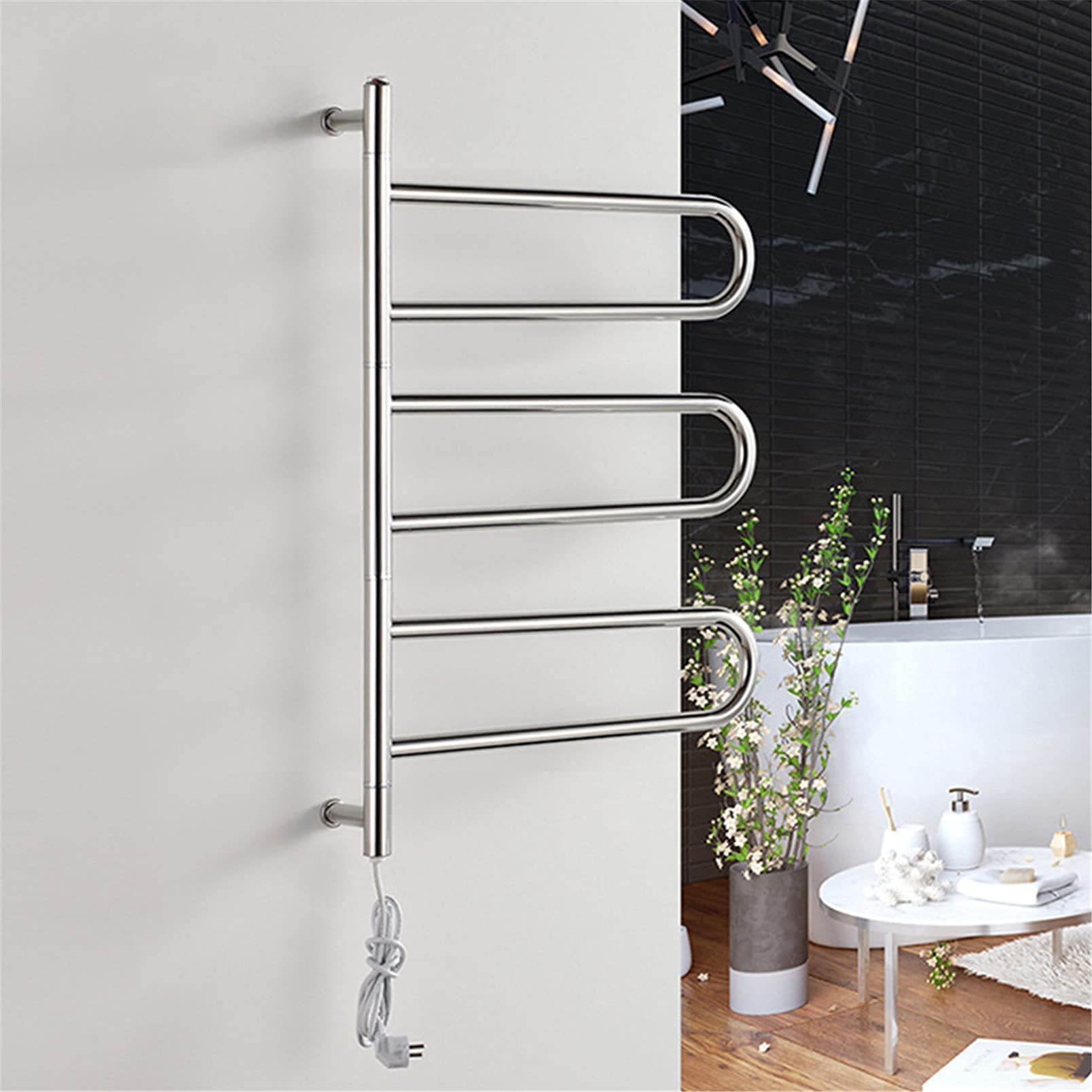 APUM 80W Wall Mounted Electric Towel Warmer with Timer - 304 Stainless Steel Heated Towel Rack for Bathroom (3 Bars, Silver, Plug-in) - Perfect for Spa, Luxury Bathrooms & Cold Winter Mornings