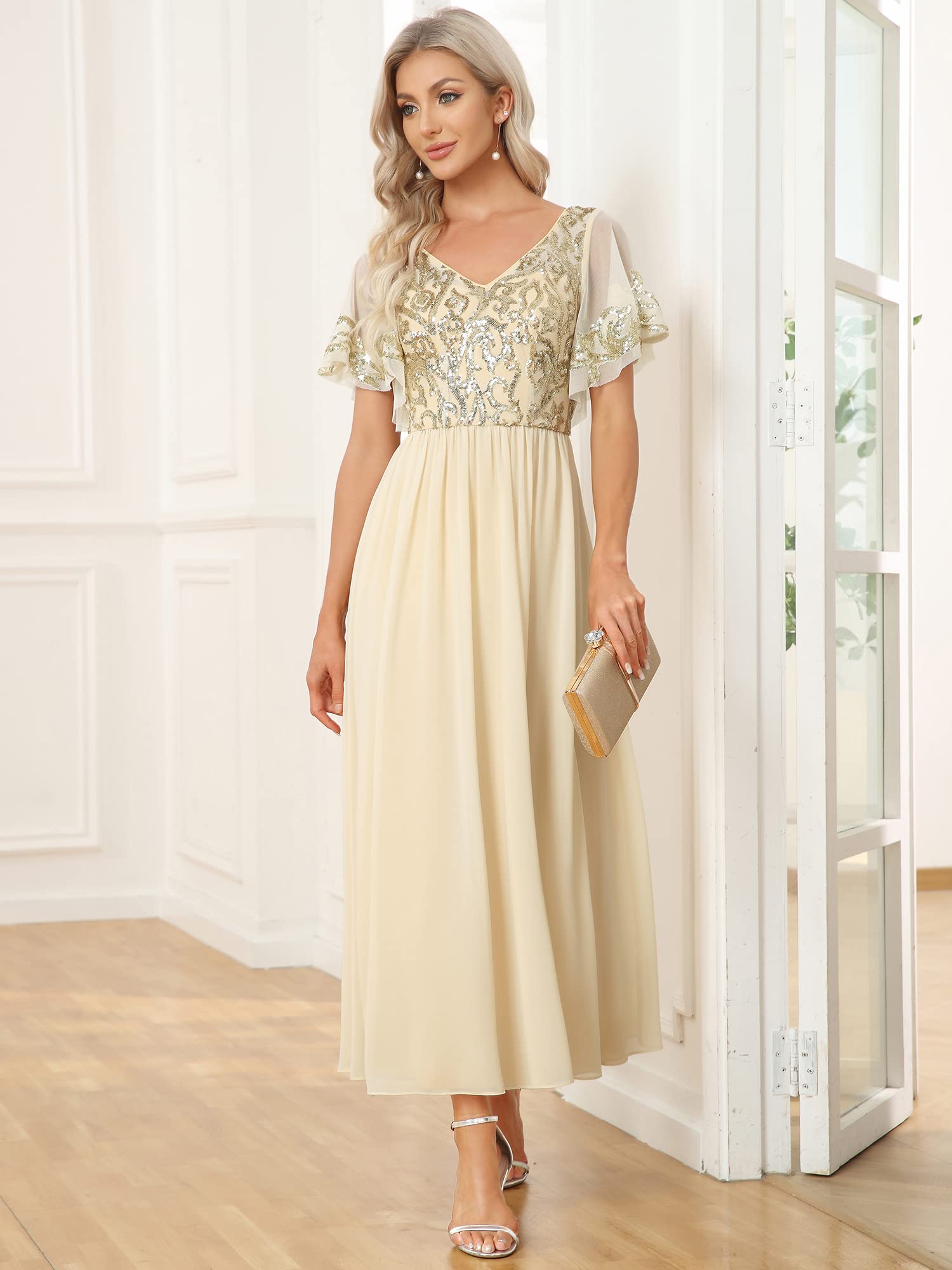 Ever-Pretty Women's Elegant V-Neck Sequin Applique Ruffled Sleeve Backless A-Line Evening Gown 01583 - Perfect for Prom, Cocktail Party & Black Tie Events