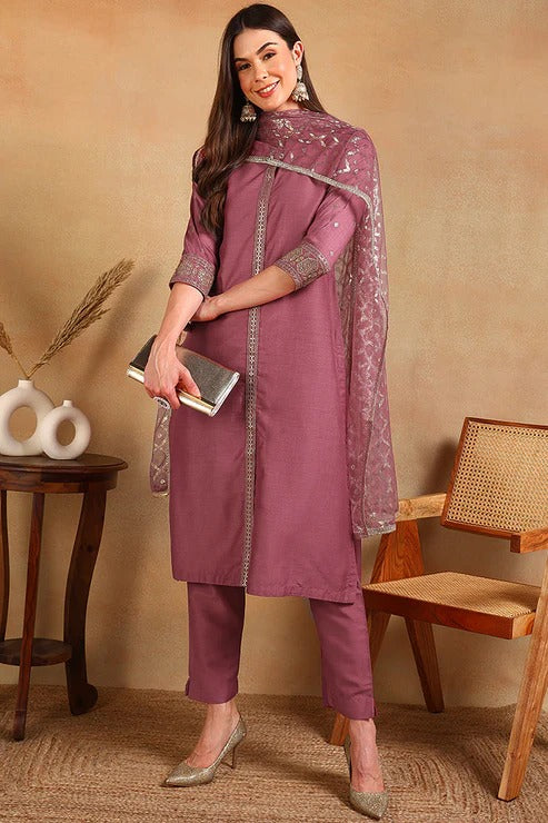 Mauve Pink Silk Blend Embroidered Suit Set for Women | Diwali & Festival Outfit | Wedding Guest & Party Wear | Elegant Ethnic Ensemble for Special Occasions