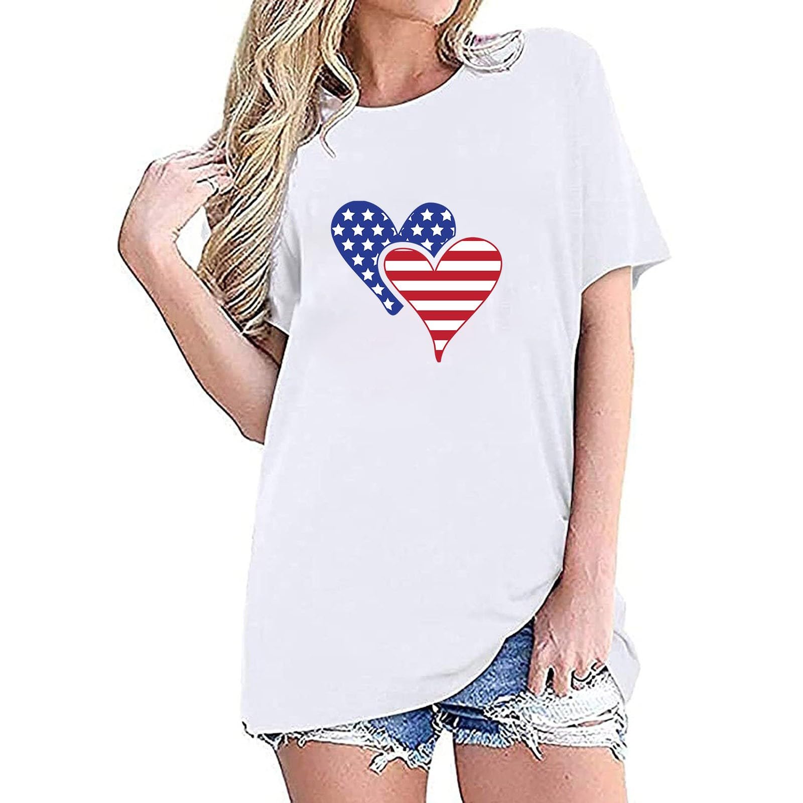Trendy Funny American Flag Love Printed Women's T-Shirt - Round Neck Short Sleeve Casual Basic Tee for Business & Everyday Wear - Loose Fit Comfortable Top for Summer Outfits, Parties and Patriotic Events
