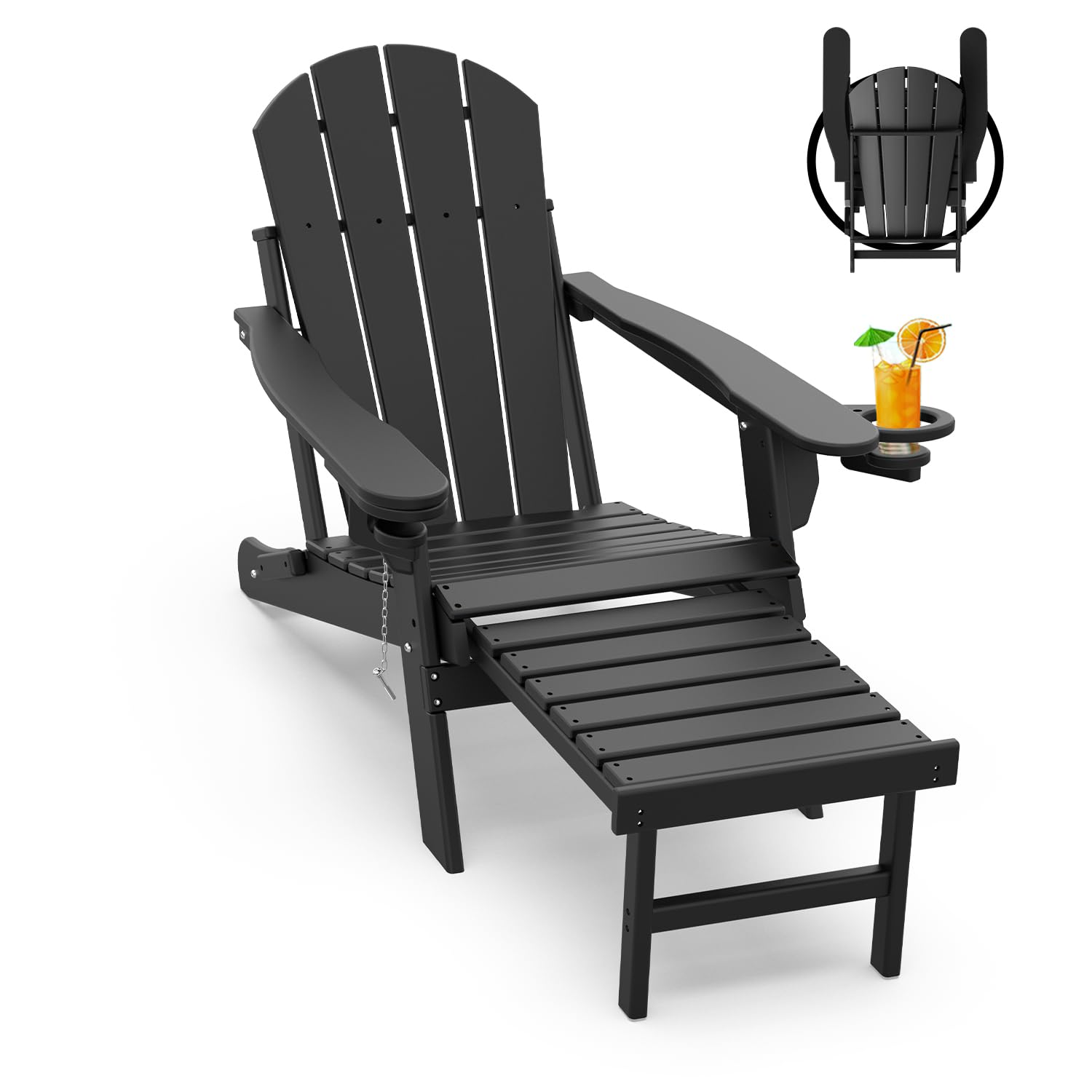 Premium Folding Adirondack Chair with Ottoman & Retractable Footrest - All-Weather HDPE Plastic Outdoor Lounge Chair for Poolside, Patio, Garden & Fire Pit - Includes Cup Holders (Black)