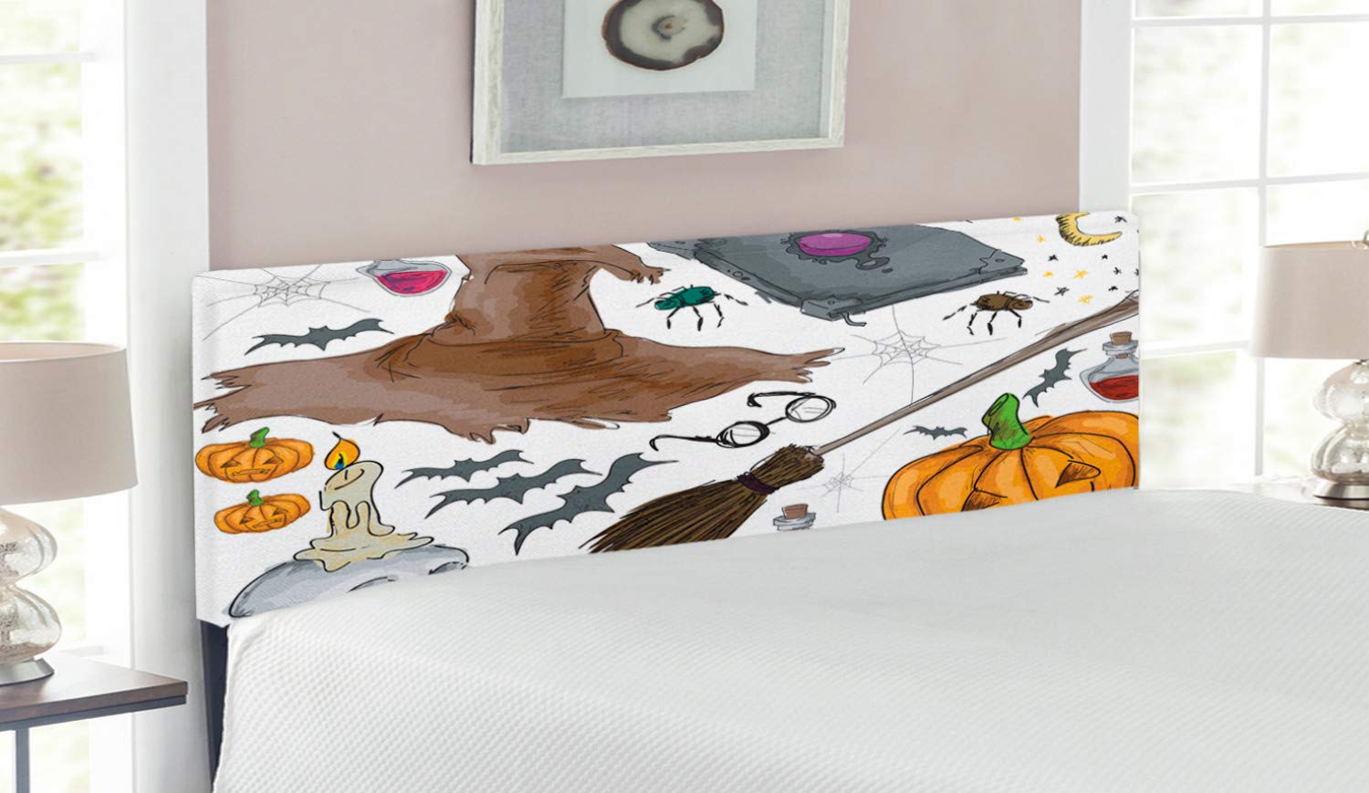Ambesonne Halloween Queen Size Upholstered Headboard - Magic Spells Witch Craft Doodle Design with Memory Foam | Gothic Bedroom Decor for Spooky Season & Witchy Home Aesthetics