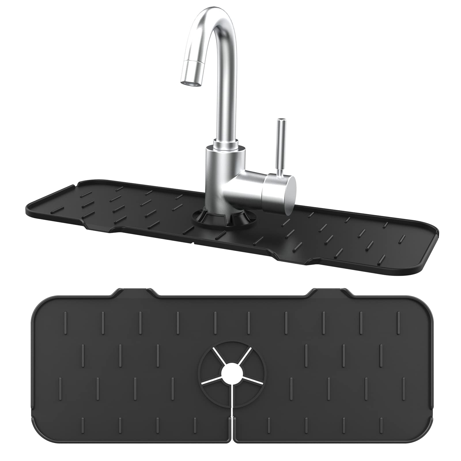 Upgraded Black Silicone Faucet Splash Guard - Self-Draining Sink Drip Catcher Mat & Protector Pad for Kitchen - Prevents Water Spills, Protects Countertops - Perfect for Washing Dishes, Food Prep & Hand Washing