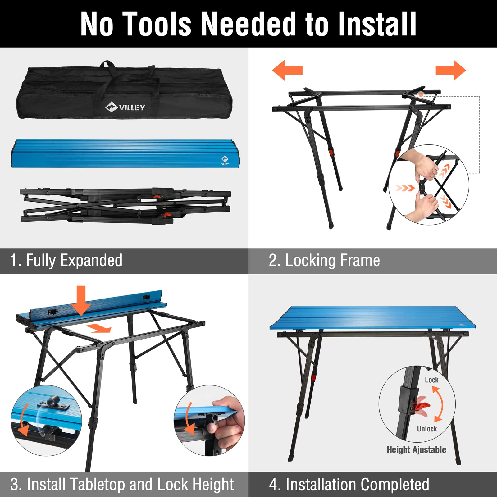 VILLEY Portable Camping Table with Adjustable Height - Lightweight Aluminum Folding Table for Outdoor Cooking, Picnic, Beach, Backyard, BBQ & Travel - Includes Carrying Bag | Perfect for Camping Trips, Tailgating & Beach Parties