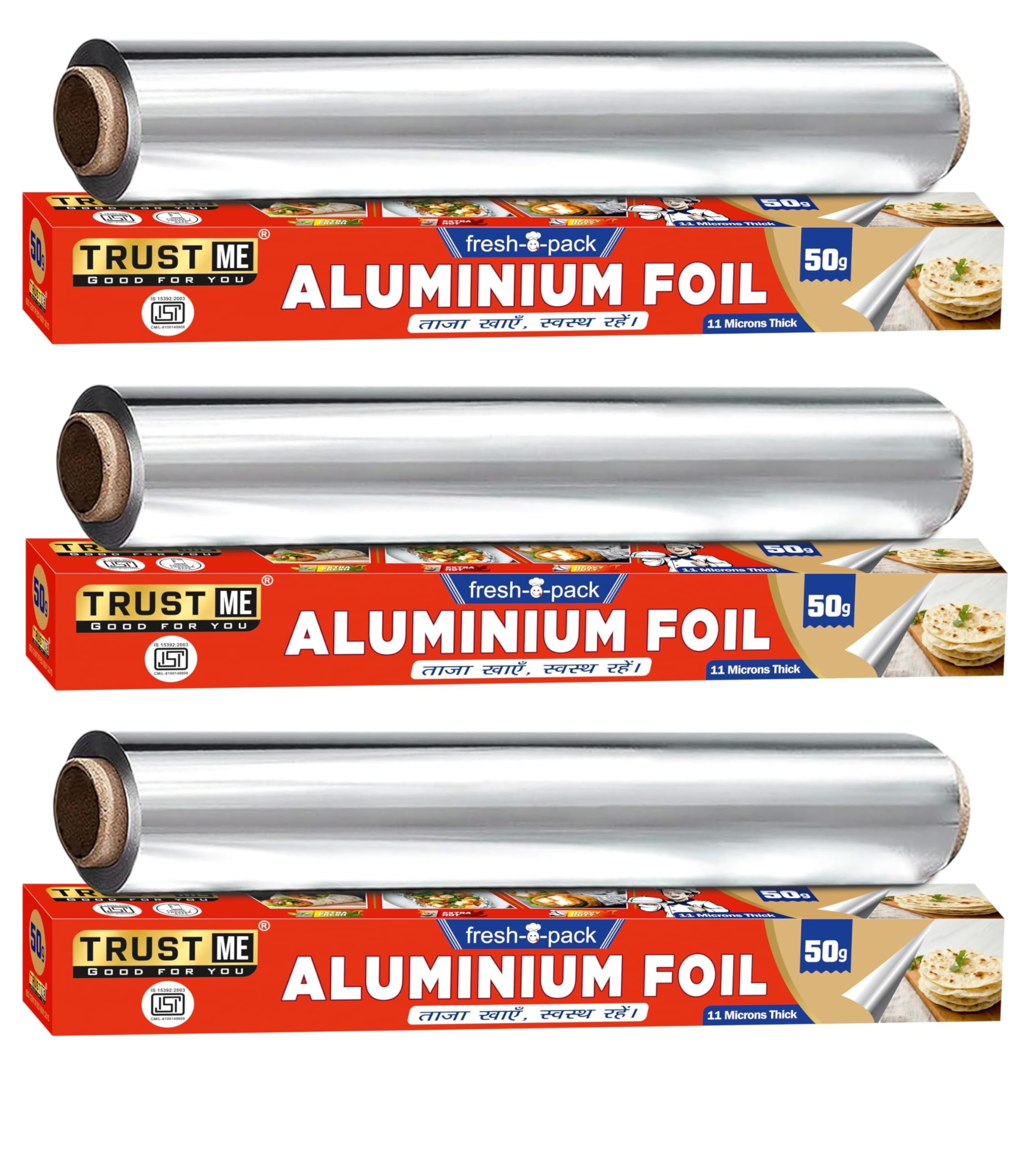 Premium Food Grade Aluminum Foil for Cooking, Baking & Food Storage - 50g 11 Micron Thickness | Keeps Food Fresh, Warm & Hygienic | Ideal for Meal Prep, BBQ, Leftovers & Lunch Box Packing | Pack of 3 Rolls (Red) | Perfect for Home Kitchen, Restaurants & Outdoor Picnics