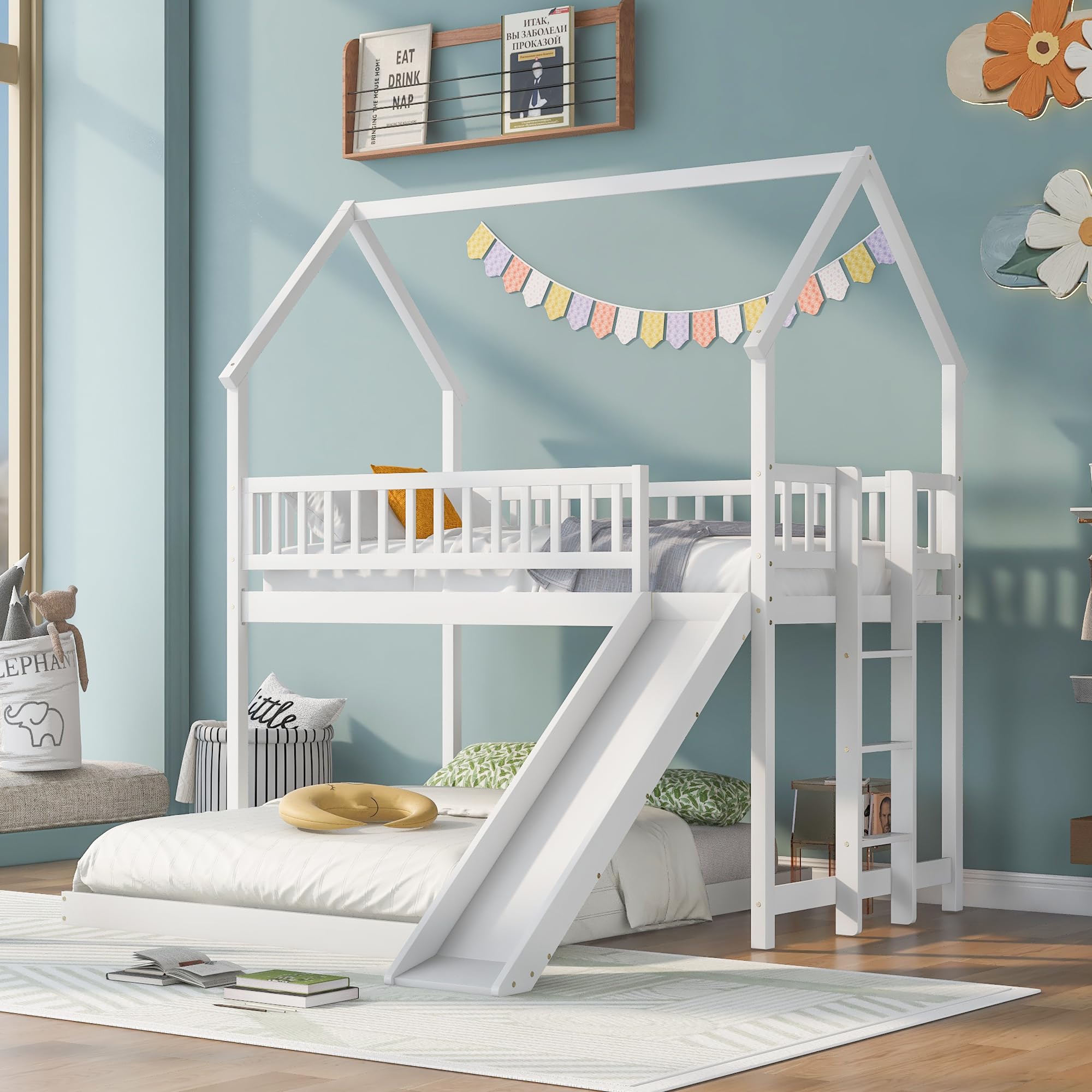 Wooden Twin Over Full Bunk Bed with Slide - Kids House Style Bunk Bed with Roof for Boys & Girls Bedroom - No Box Spring Needed - White - Perfect for Small Spaces & Sleepovers