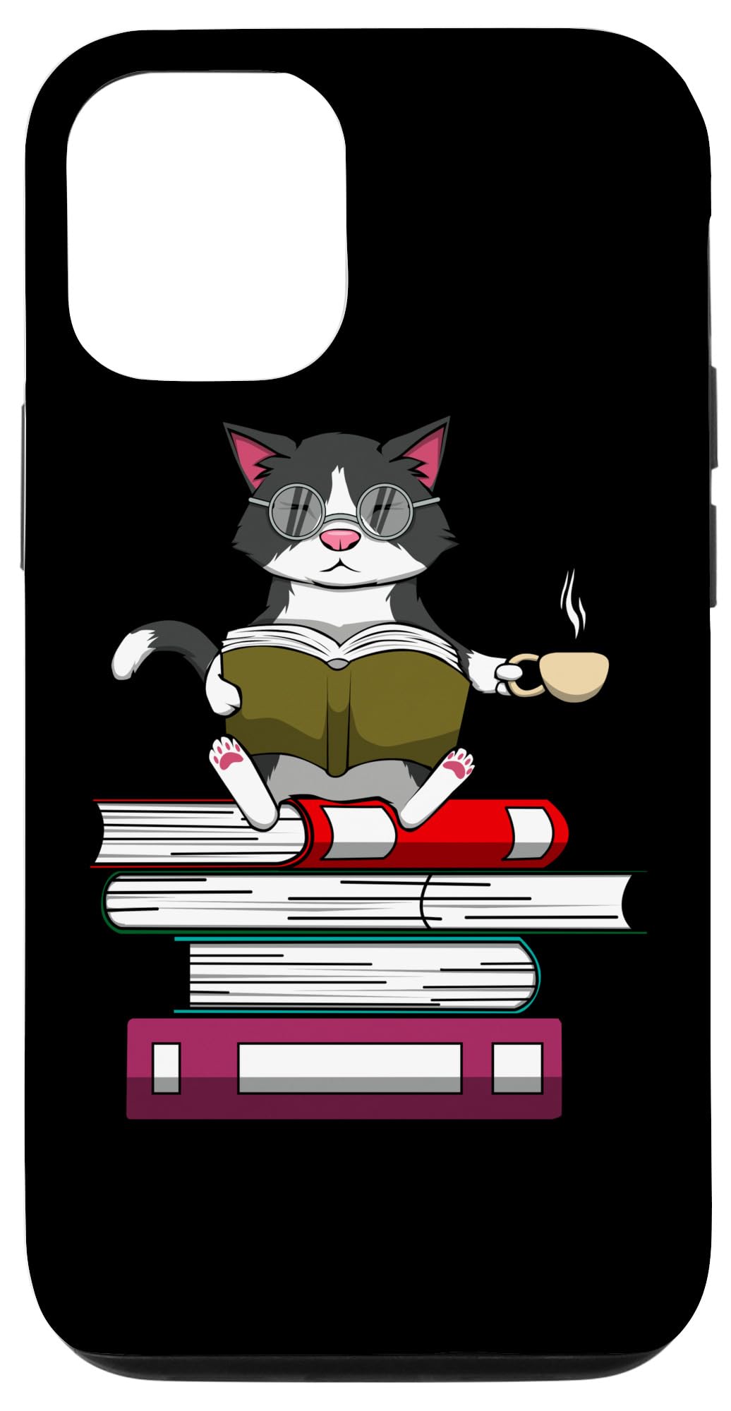 Funny Kitty Reading Books Cat and Coffee iPhone 12/12 Pro Case - Cute Protective Cover for Daily Use, Work, and Travel