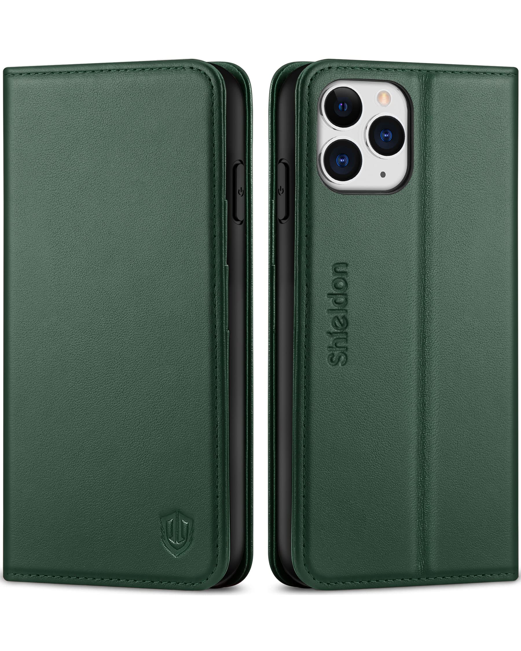 Premium SHIELDON Genuine Leather Wallet Case for iPhone 11 Pro Max - RFID Blocking, Auto Sleep/Wake, Magnetic Stand Cover with Credit Card Slots (Midnight Green) | Perfect for Business Travel & Daily Protection