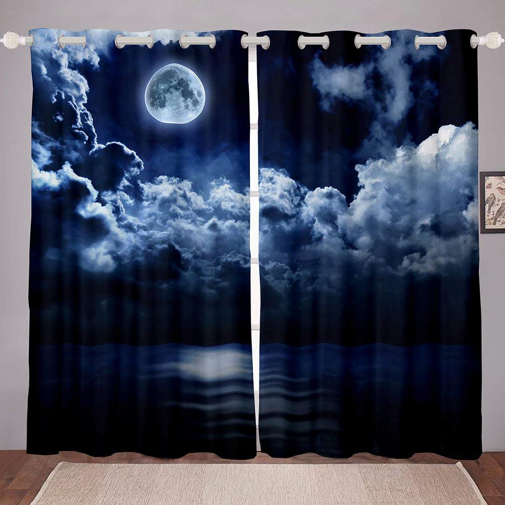 Navy Blue Moon and Ocean Sky Blackout Curtains with Grommets - White Cloud Design Window Drapes for Bedroom, Living Room & Kitchen (2 Panels, 104