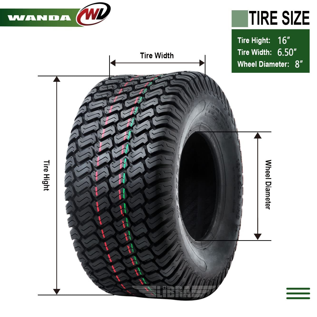 WANDA Set of 2 - 16x6.50-8 Lawn Mower Tractor Cart Turf Tires (16x6.5x8) P332-13019 - Perfect for Garden Tractors, Utility Carts & Lawn Equipment