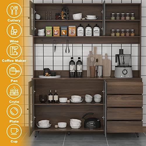 AIEGLE 63-Inch Large Kitchen Hutch Storage Cabinet with 4 Doors & 4 Drawers - Freestanding Pantry Cupboard with Microwave Shelf - Dark Walnut Buffet for Dining Room & Kitchen Organization (63