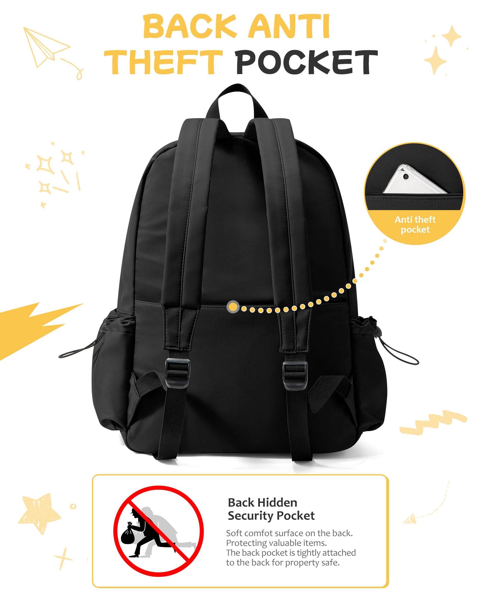 Stylish Black Waterproof Backpack for Women & Men - Lightweight School Bookbag for High School & College Students, Travel Daypack, Casual Rucksack - Perfect for Daily Commute, Campus Life & Outdoor Adventures