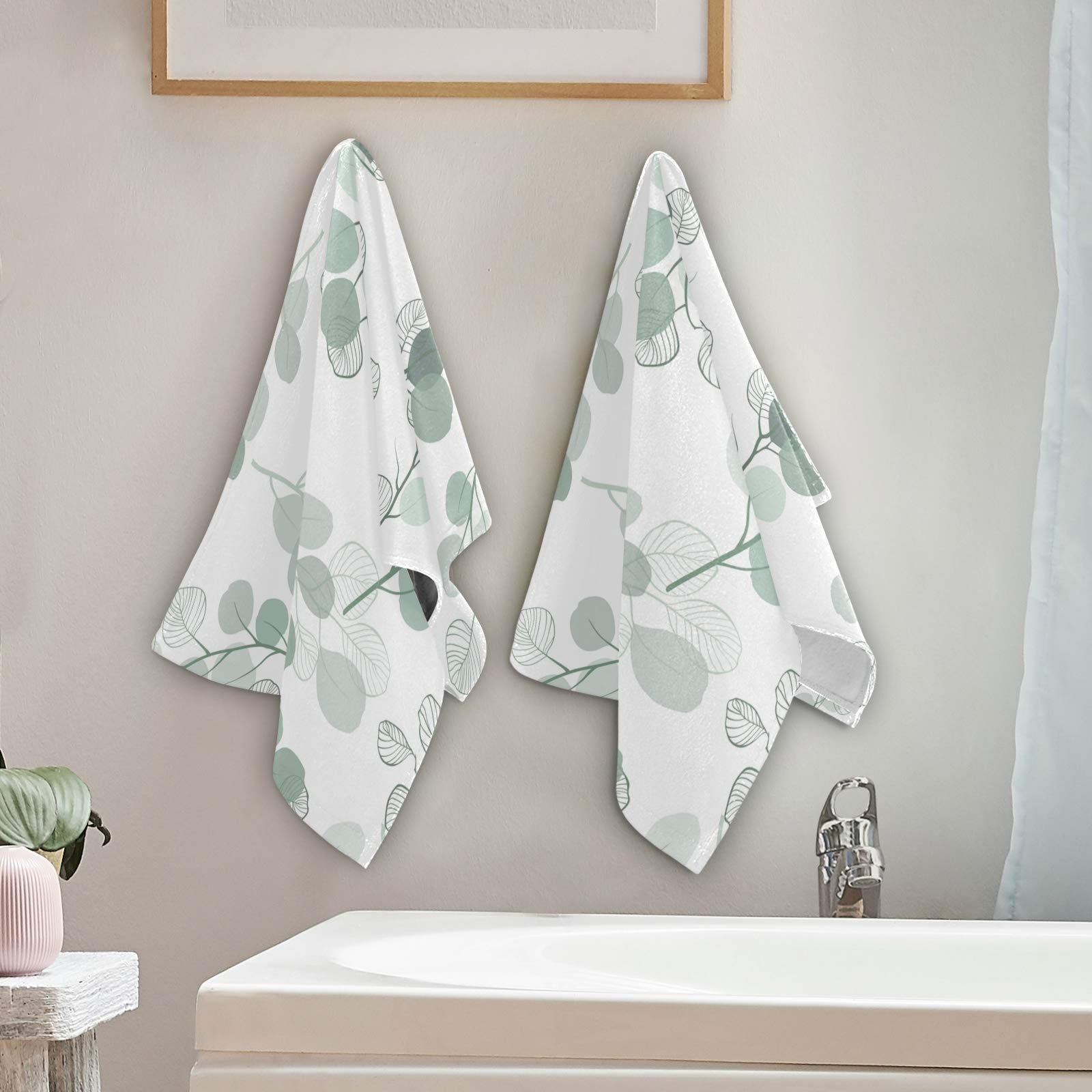 Premium Eucalyptus Leaves Branch Set of 2 - Soft Absorbent Washcloths & Hand Towels (28.3x14.4 inches) for Bathroom, Spa, and Home Decor - Eco-Friendly Cotton Towels for Luxury Bathing & Guest Towels