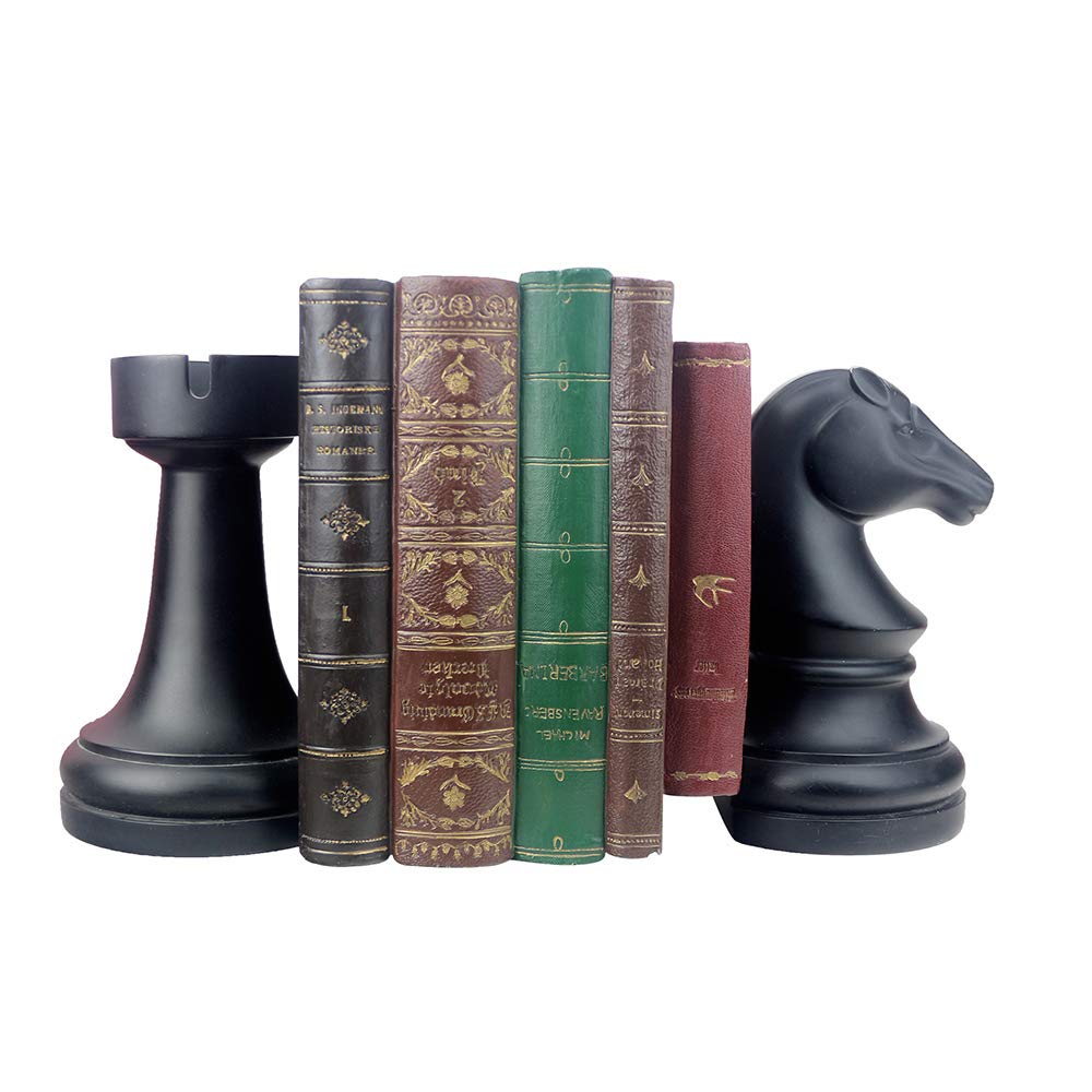 Decorative Chess Bookends - Heavy Duty Black Book Supports for Office & Home - Unique Desk & Bookrack Decor - 7