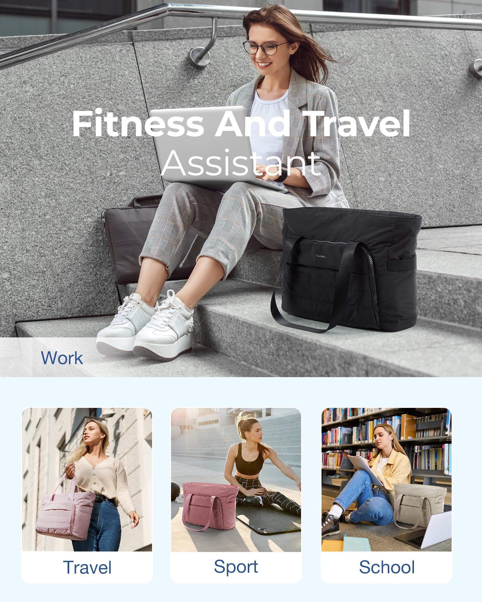 BAGSMART Lightweight Large Tote Bag for Women - Quilted Shoulder Handbag with Yoga Mat Strap | Perfect for Travel, Work, Gym & Yoga Classes | Durable Everyday Carryall Purse