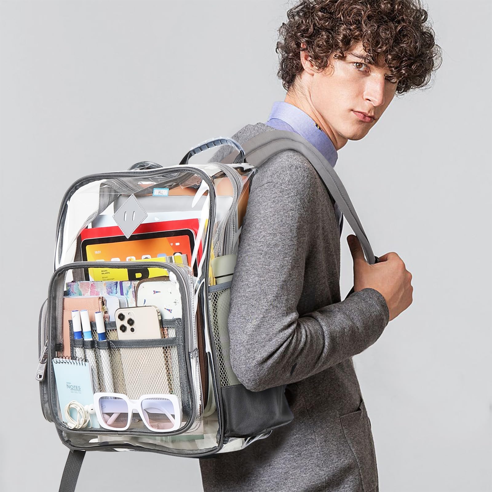 Large Clear Backpack for Men & Women - Heavy Duty PVC Transparent Bookbag, Stadium Approved See-Through Backpack Fits 16 Inch Laptop for School, Work & Travel (Gray) - Perfect for School Security Checks, Concerts, Airports and Office Commutes