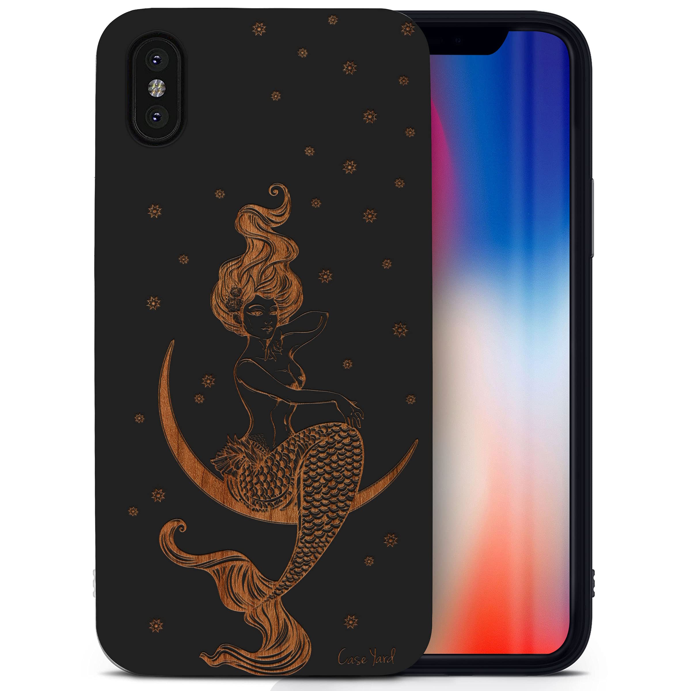 Wooden iPhone X Case with Laser-Engraved Mermaid on Moon Design - Shockproof Slim Fit Protective Cover for Men & Women - Perfect for Outdoor Adventures, Travel & Daily Protection
