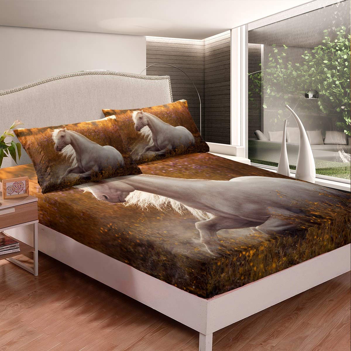 Erosebridal Western Cowboy Queen Size Bedding Set - White Horse Animal Print Fitted Sheet with 2 Pillowcases, Breathable Plant Flower Design for Home Decor | Perfect for Ranch, Cowboy Theme Bedrooms & Western Style Home Decor