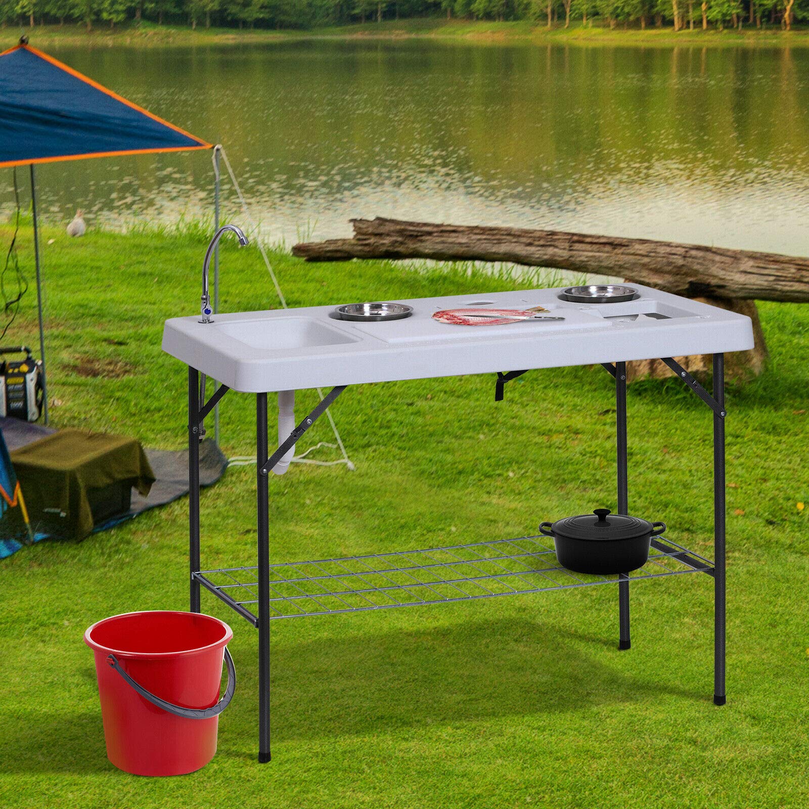 Portable Collapsible Fish Cleaning Table with Sink & Flexible Faucet - Lightweight Outdoor Camping, Fishing Gear for Backyard, RV & Boat Use