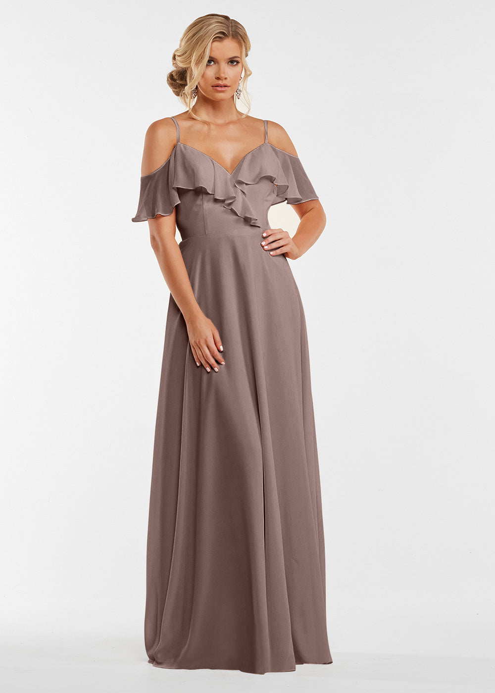 Elegant Off Shoulder Ruffled Chiffon Bridesmaid Dress - A-Line Flowy Design for Weddings, Parties & Special Occasions