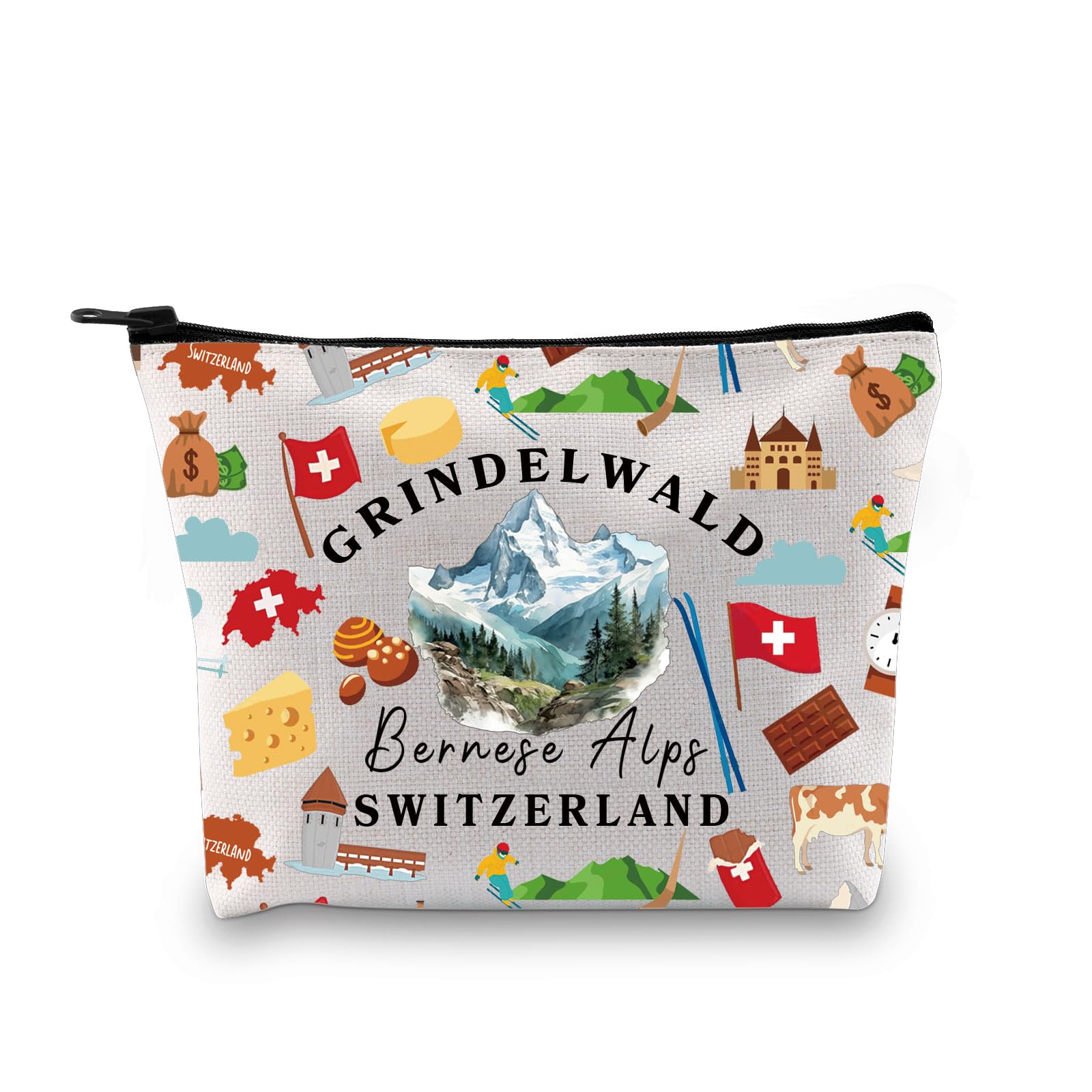 Premium Swiss Flag Cosmetic Bag - Waterproof Travel Toiletry Organizer for Makeup & Essentials | Perfect for Europe Vacations, Switzerland Trips & Gifts (Grindelwald Design)