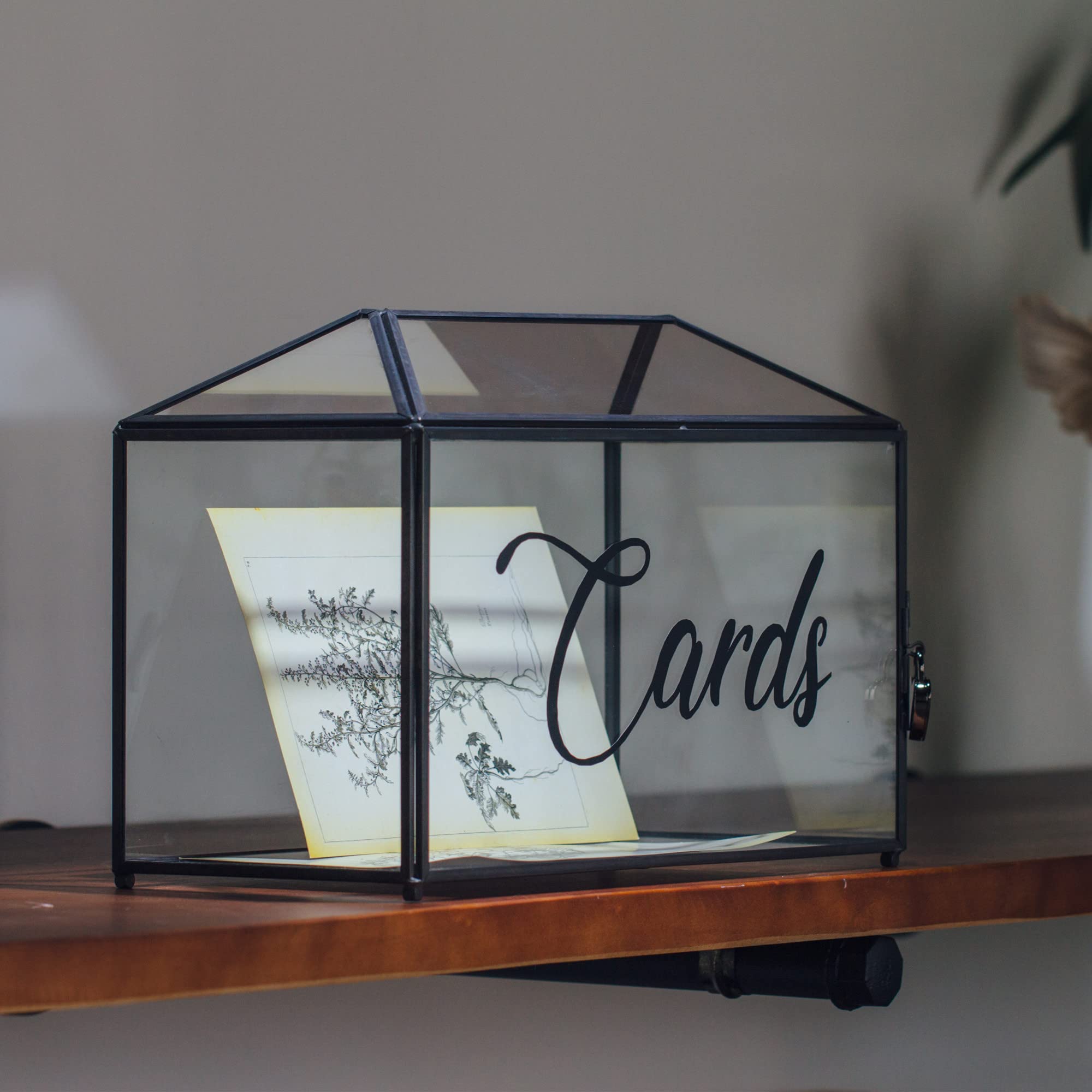Elegant Black Geometric Glass Cards Box with Slot & Lock - 10.2x5.9x7.9 Inch Handmade Wedding Wishing Well Terrarium - Perfect for Birthday Parties, Reception Decor & Gift Card Holder (Glass Box Only)