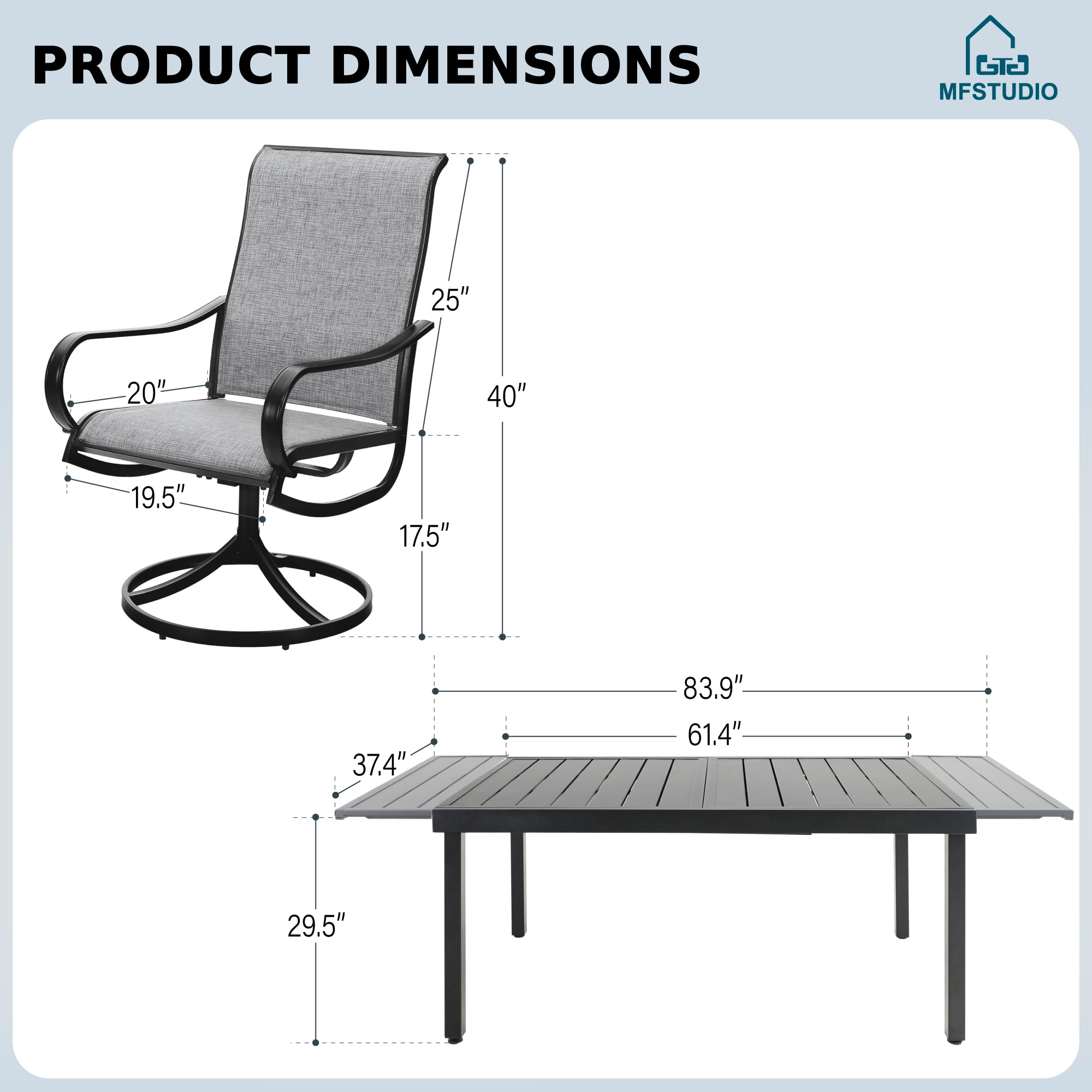MFSTUDIO 6-8 Person Outdoor Dining Set - All-Weather Expandable Metal Table & 8 Swivel Chairs with Light Gray Sling Fabric - Perfect for Patio, Garden, Backyard & Poolside Entertaining