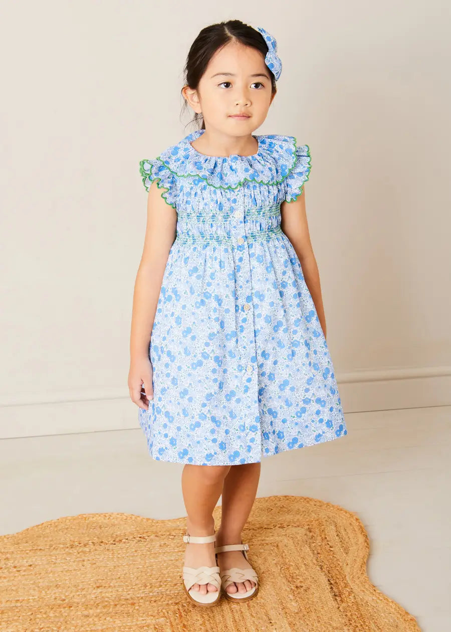 Olivia Floral Smocked Ruffle Collar Sleeveless Dress for Girls - Blue Summer Dress for Baby to Kids (12 Months to 10 Years) | Perfect for Birthday Parties, Family Photos & Special Occasions