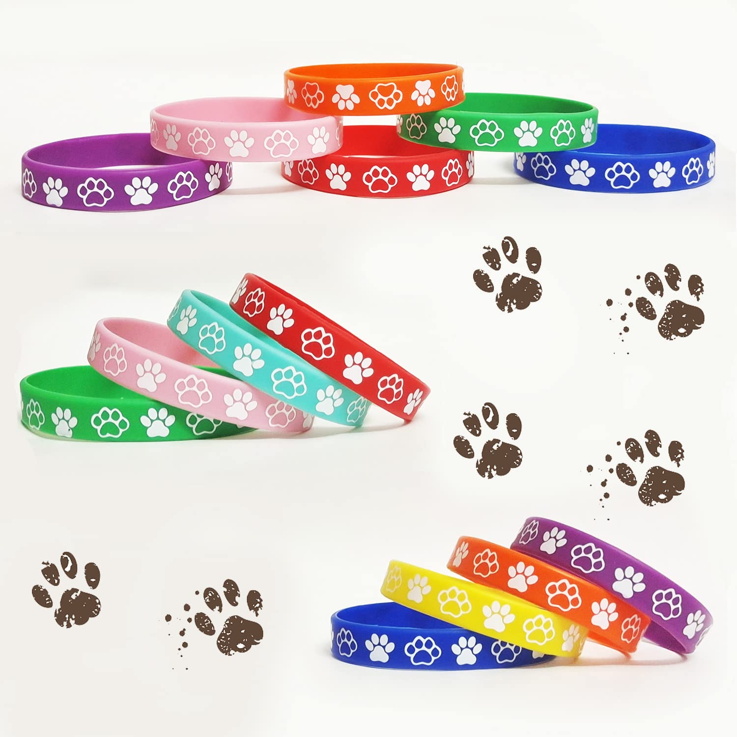 48 PCS Dog Paw Print Silicone Wristbands - Puppy Party Favors, Baby Shower Decorations, Birthday Goodie Bag Stuffers - Perfect for Pet-Themed Parties, School Events & Giveaways